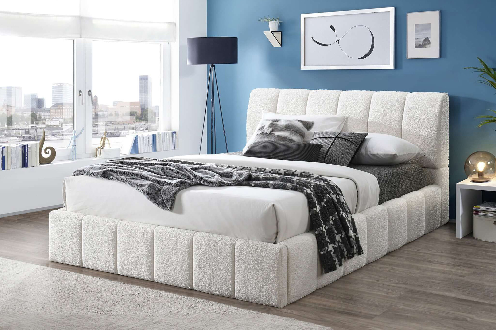 Ashcroft Hilar White Boucle Platform Bed - White, King Size