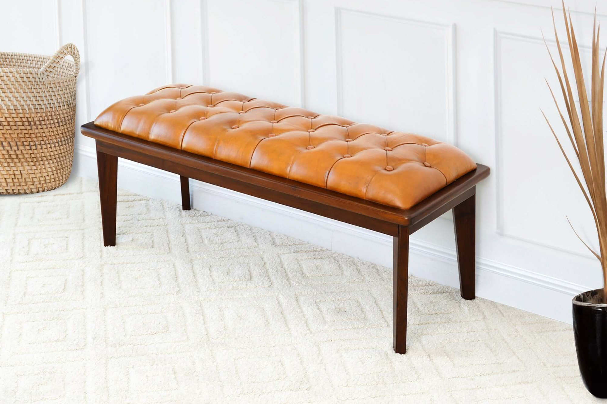 Ashcroft Arden Leather Bench with Buttons - Tan