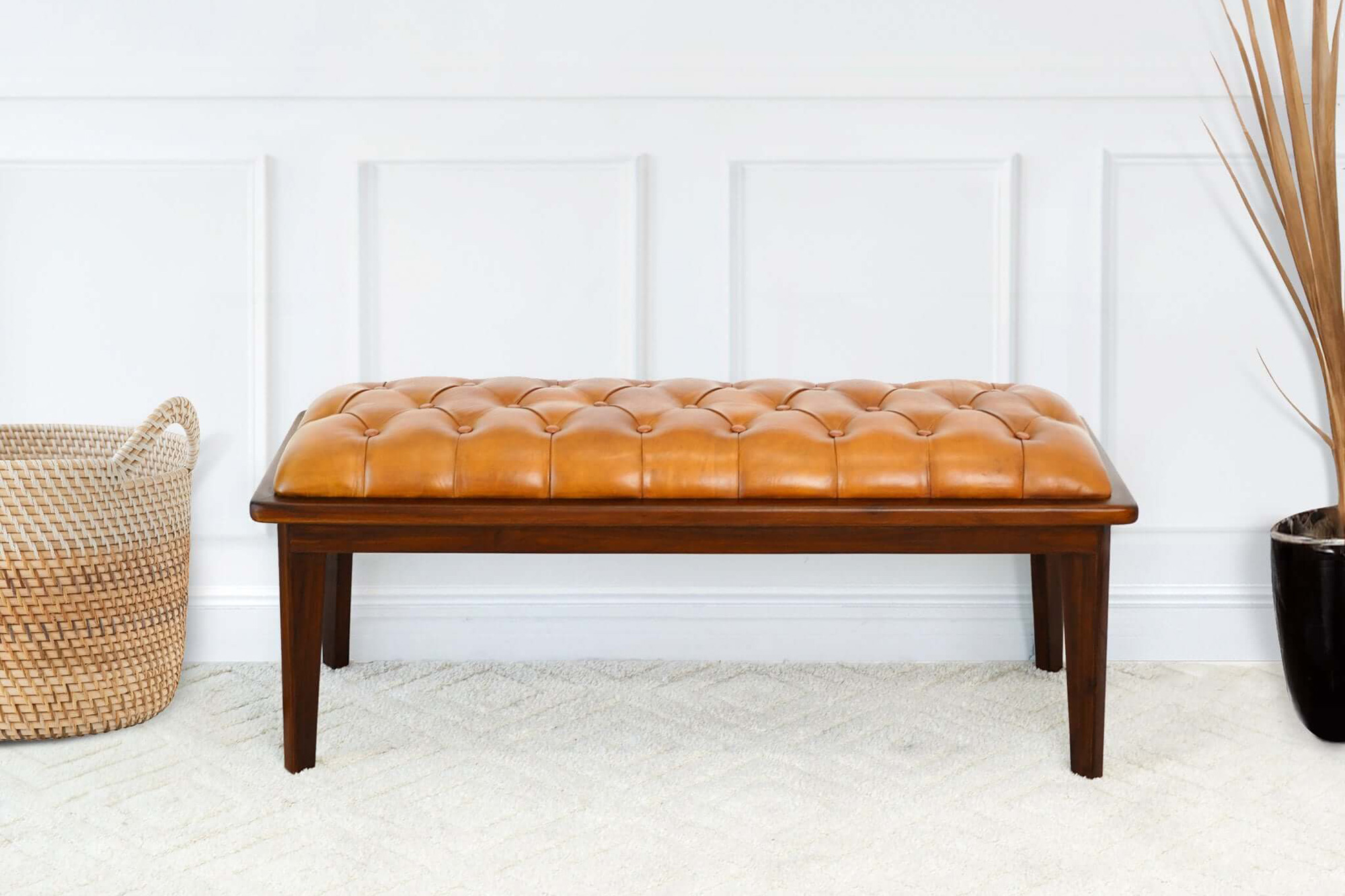 Ashcroft Arden Leather Bench with Buttons - Tan