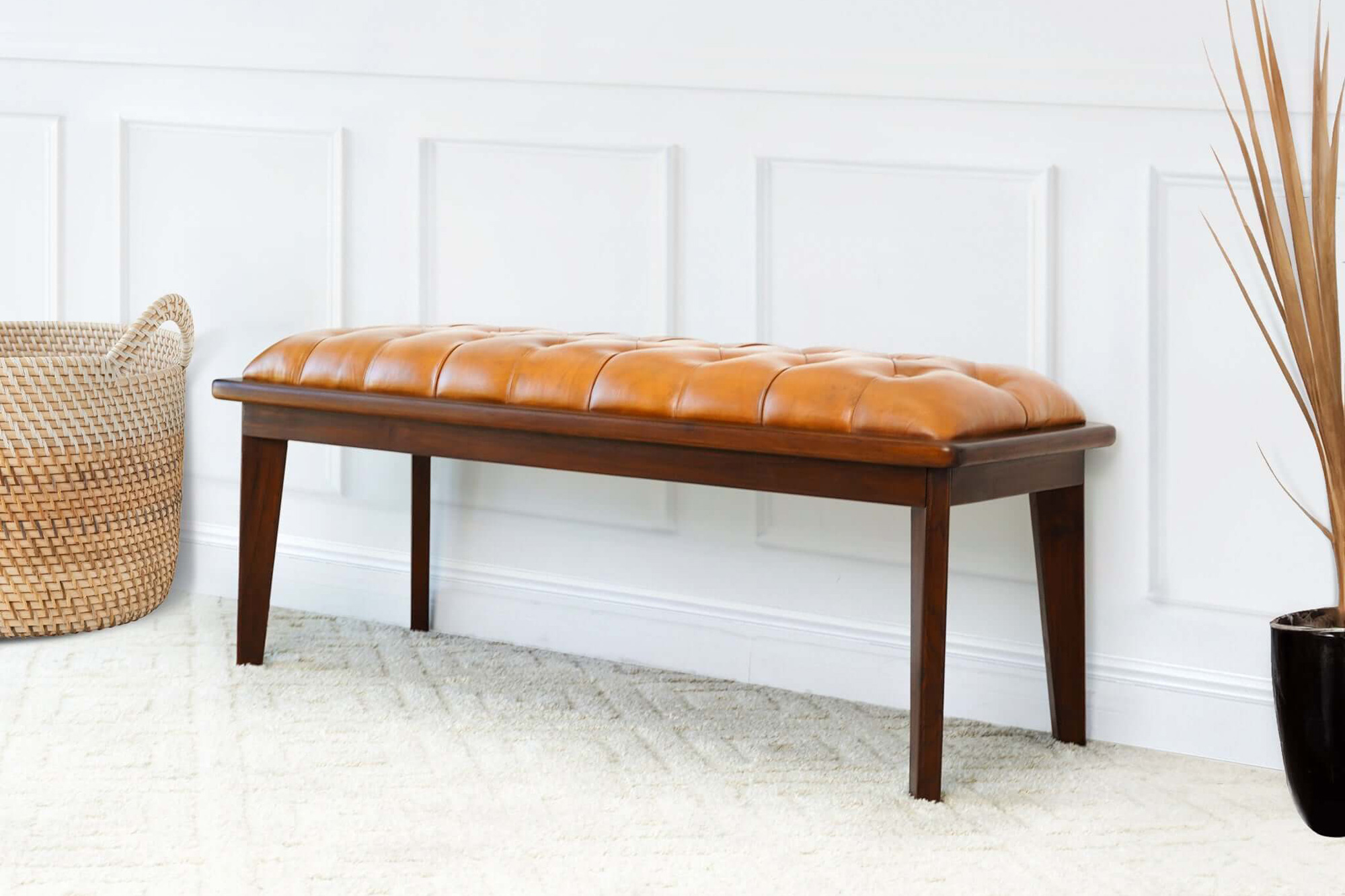 Ashcroft Arden Leather Bench with Buttons - Tan