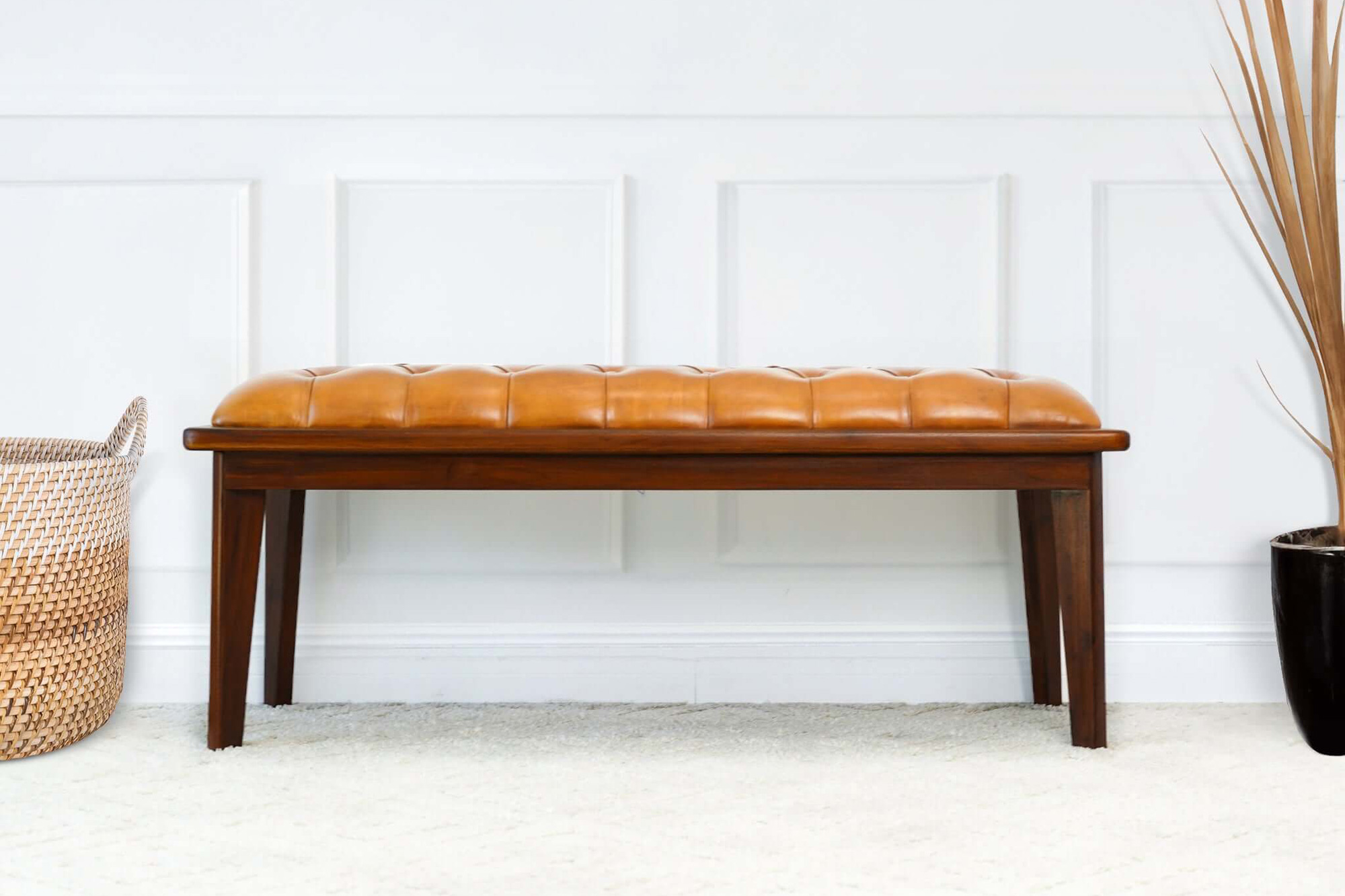 Ashcroft Arden Leather Bench with Buttons - Tan