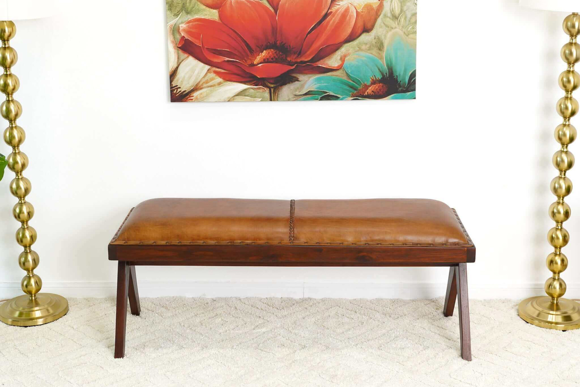 Ashcroft Chad Mid-Century Modern Leather Bench - Tan