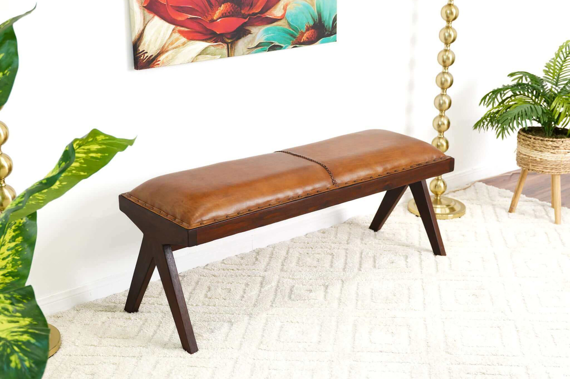 Ashcroft Chad Mid-Century Modern Leather Bench - Tan