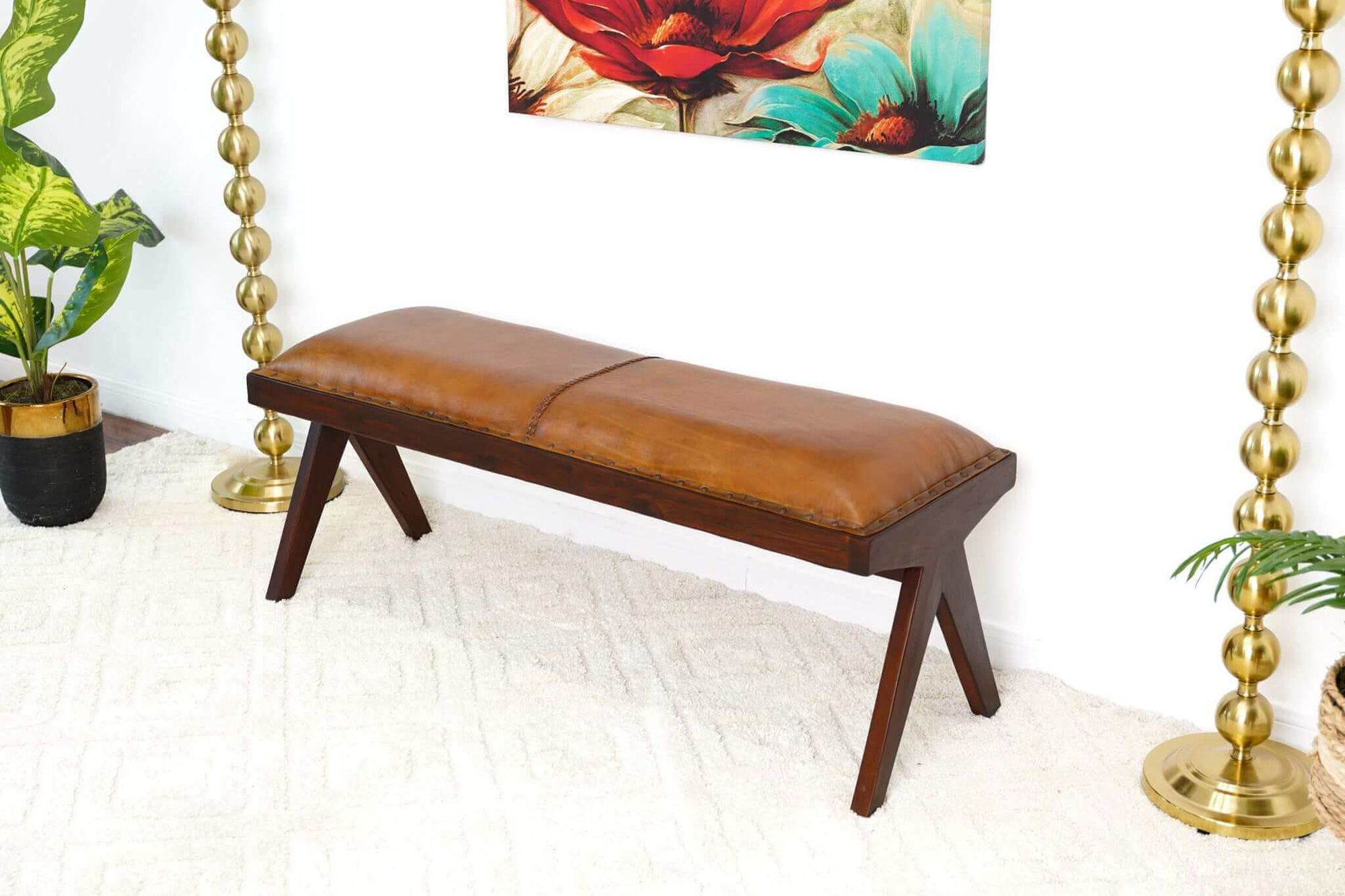 Ashcroft Chad Mid-Century Modern Leather Bench - Tan