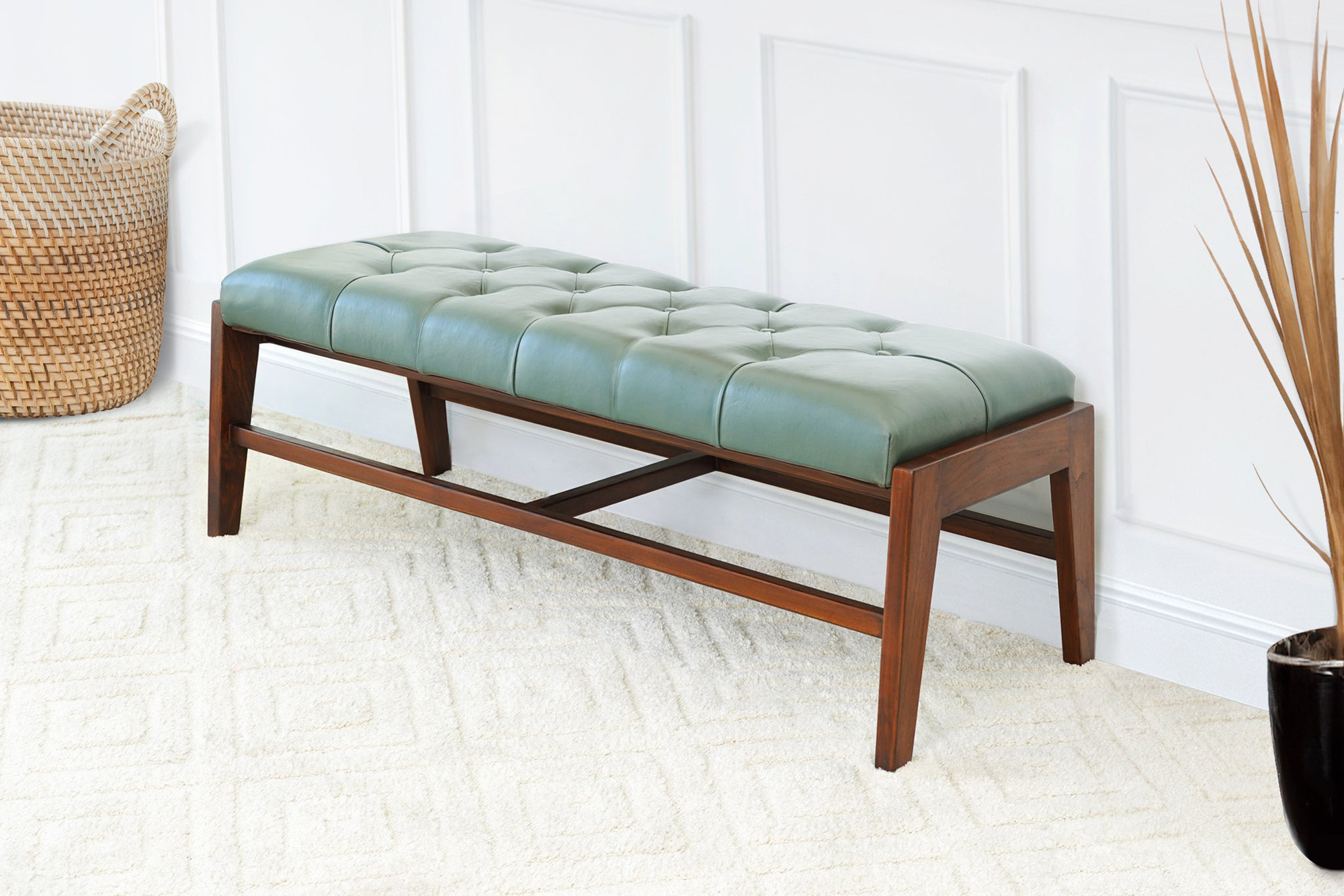 Ashcroft Hera Leather Bench with Buttons - Green