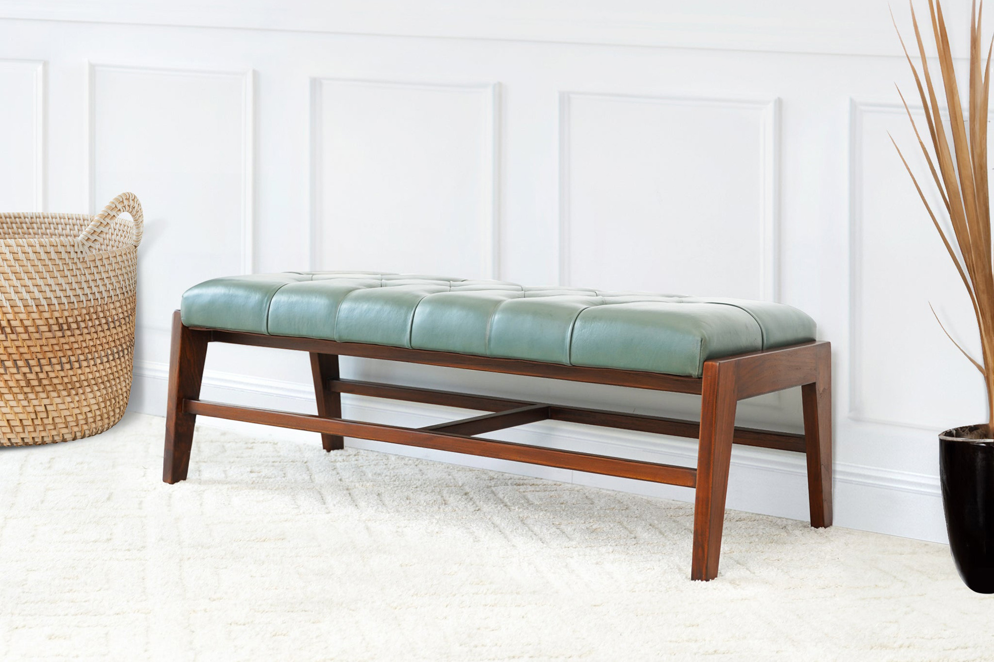 Ashcroft Hera Leather Bench with Buttons - Green