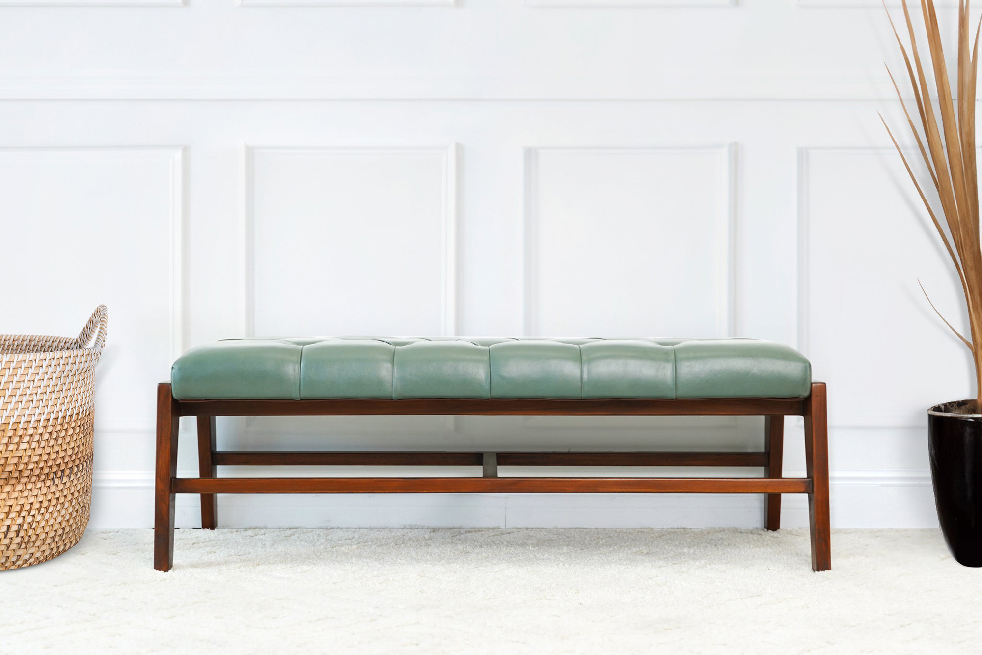 Ashcroft Hera Leather Bench with Buttons - Green