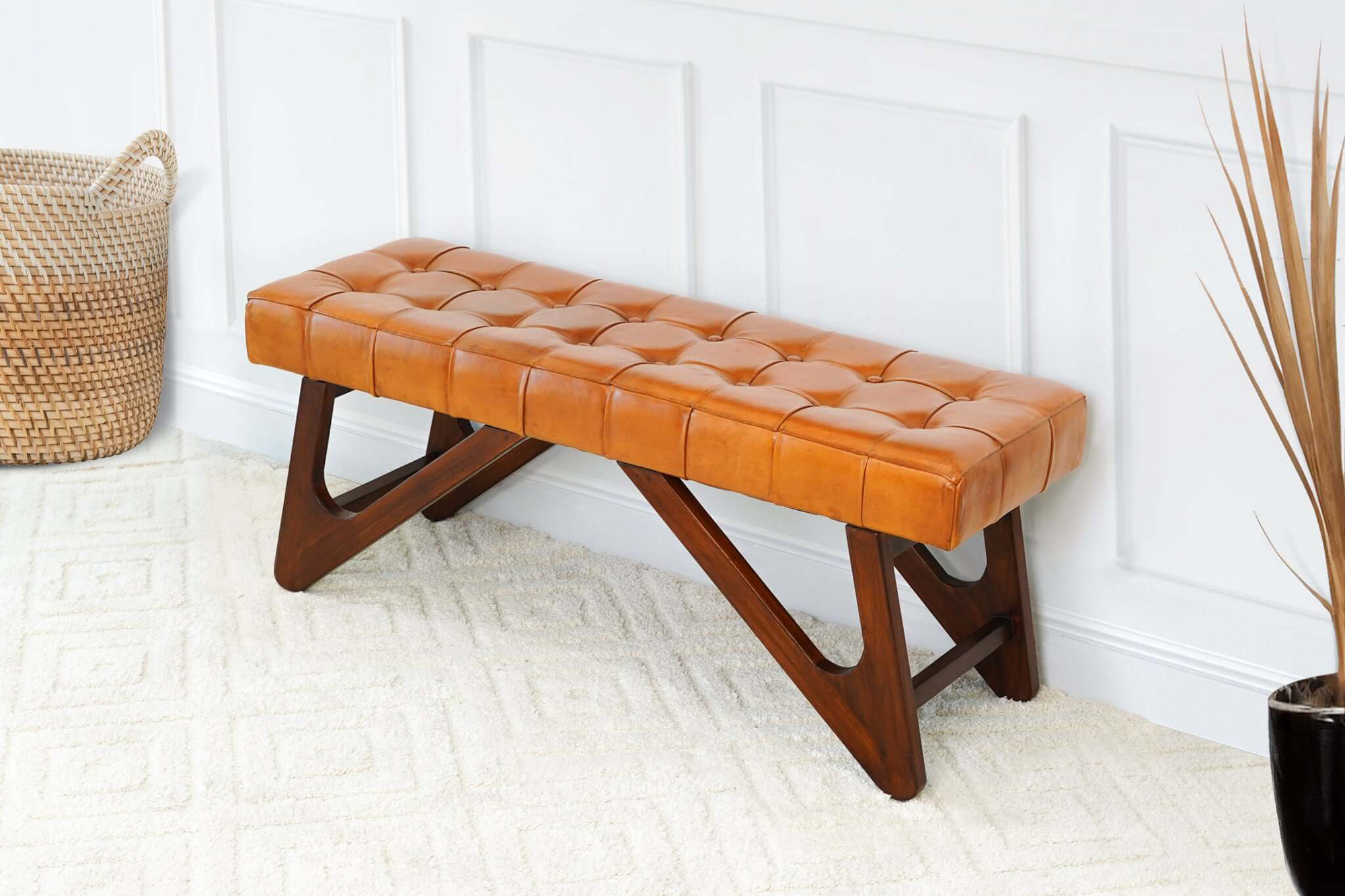 Ashcroft Mia Leather Bench with Buttons - Tan