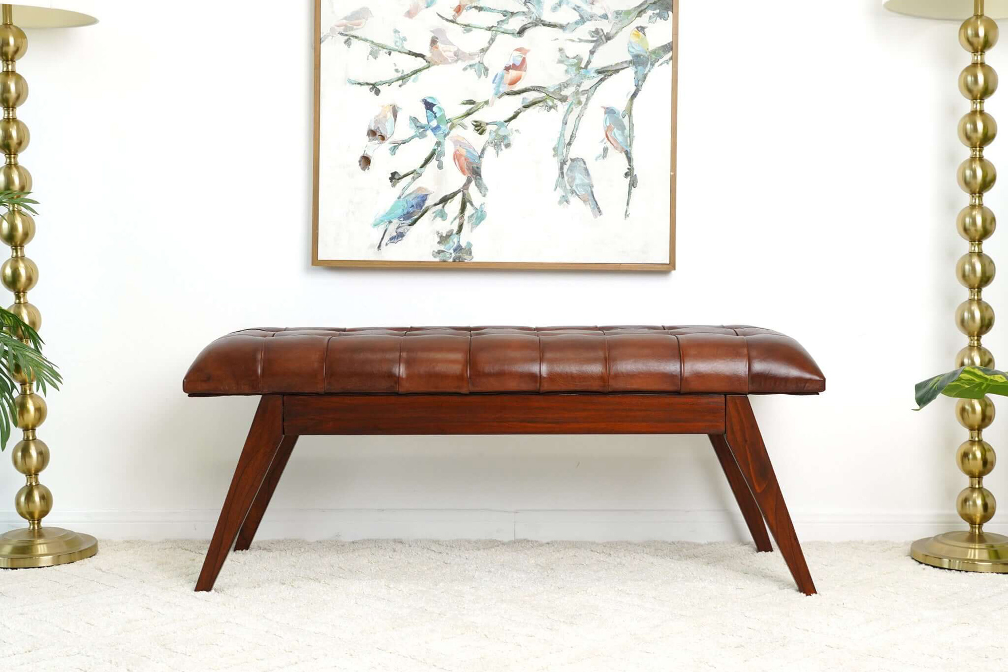 Ashcroft Maja Mid-Century Modern Leather Bench - Tan