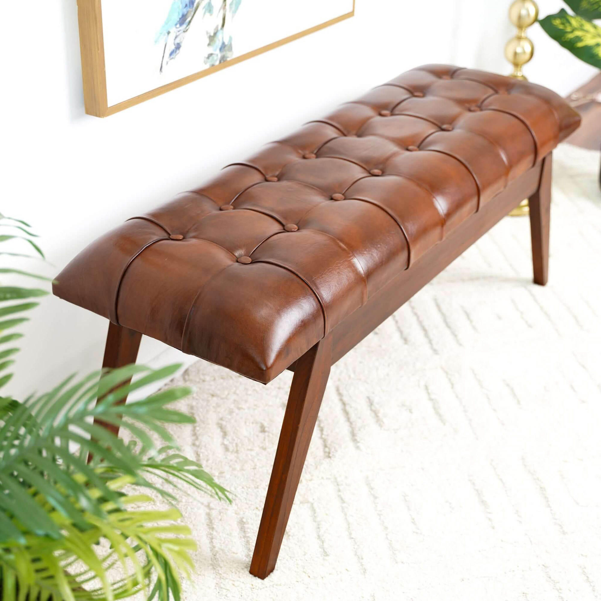 Ashcroft Maja Mid-Century Modern Leather Bench - Tan