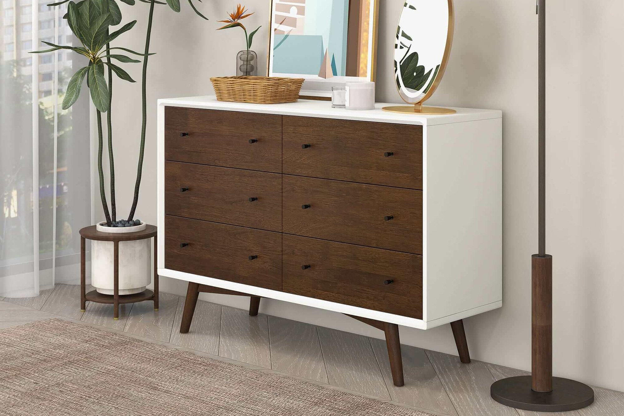 Ashcroft Mid-Century Modern Dresser with 6 Drawer - White