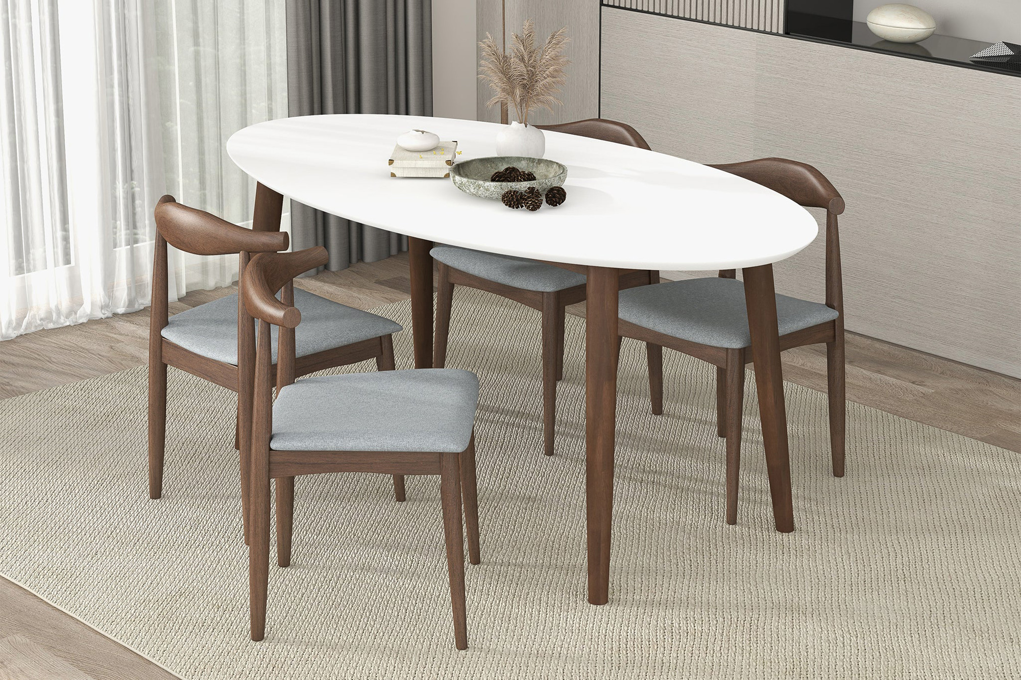 Ashcroft Ada Mid-Century Modern Style Solid Wood Walnut Oval Dining Table - White