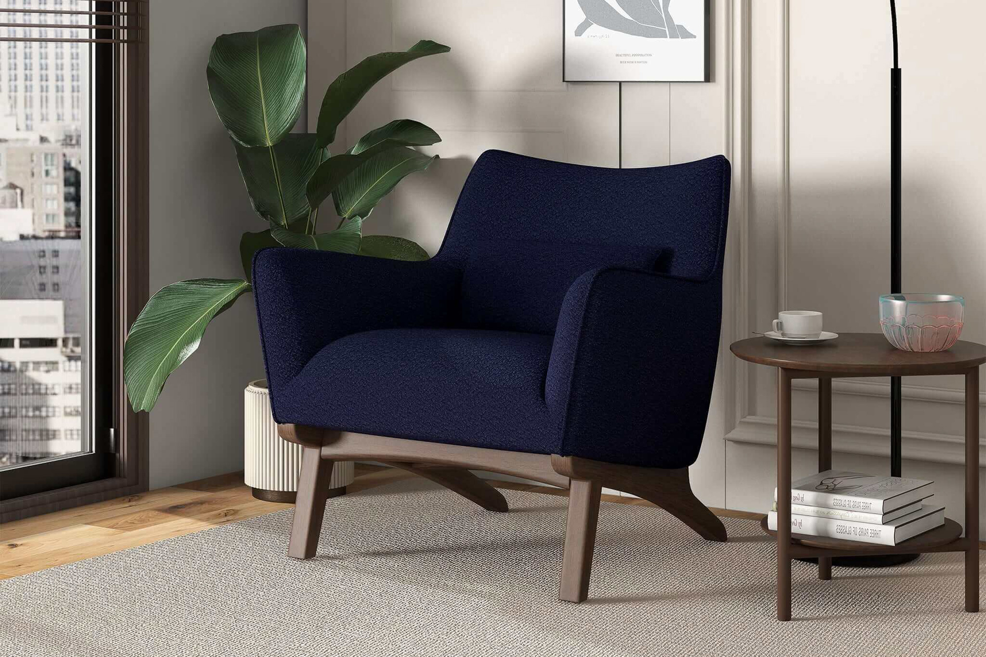 Ashcroft Brayden Mid-Century Modern Boucle Armchair - Dark Blue