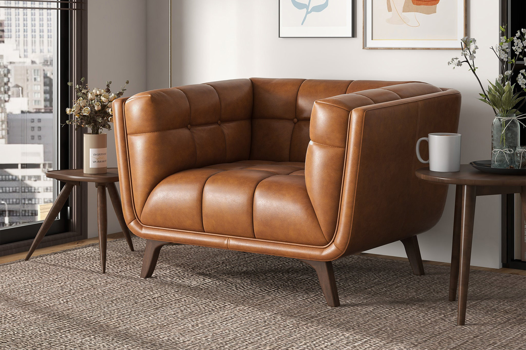 Ashcroft™ Addison Mid-Century Modern Leather Lounge Chair - Cognac