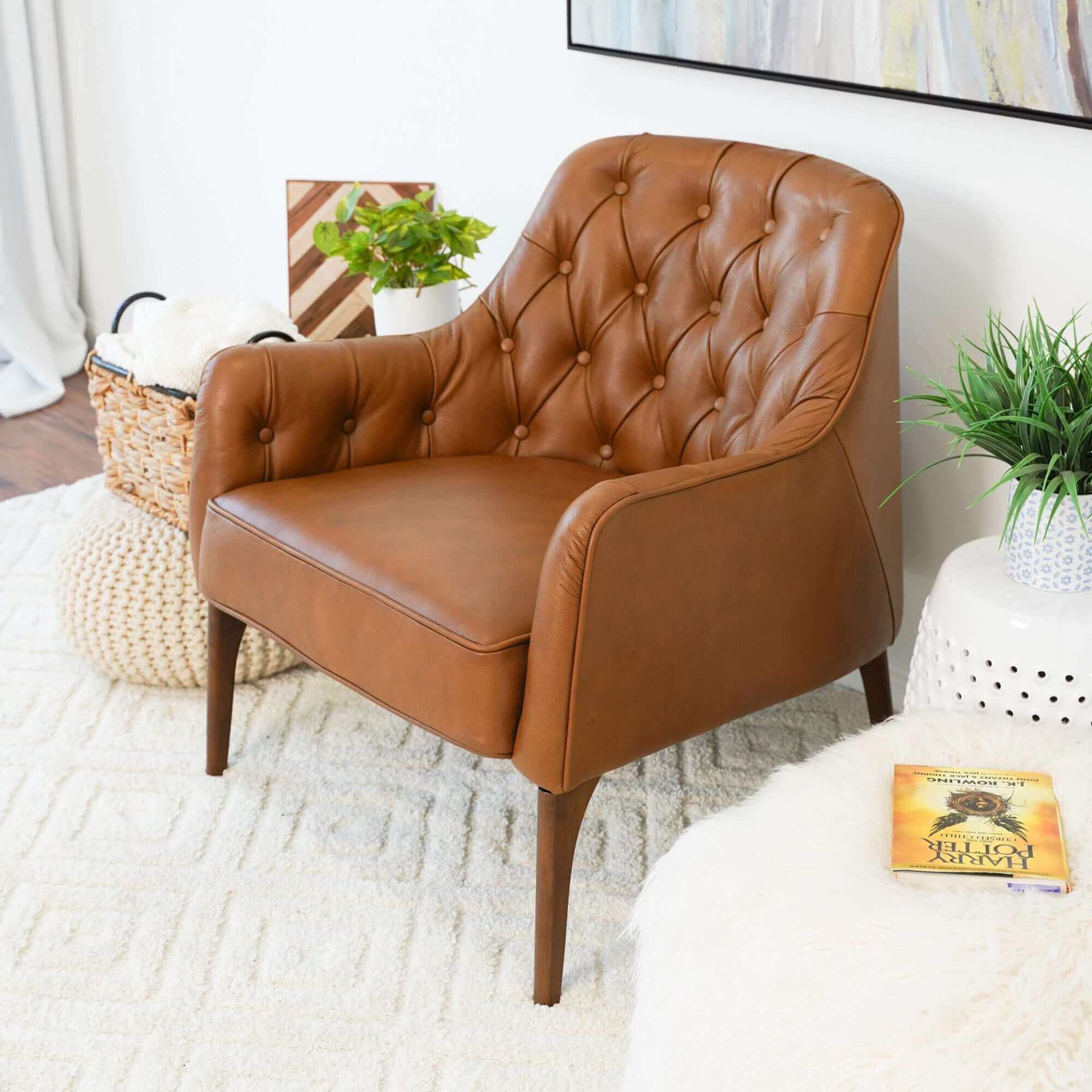 Ashcroft - Joshua Tufted Leather Lounge Chair in Tan