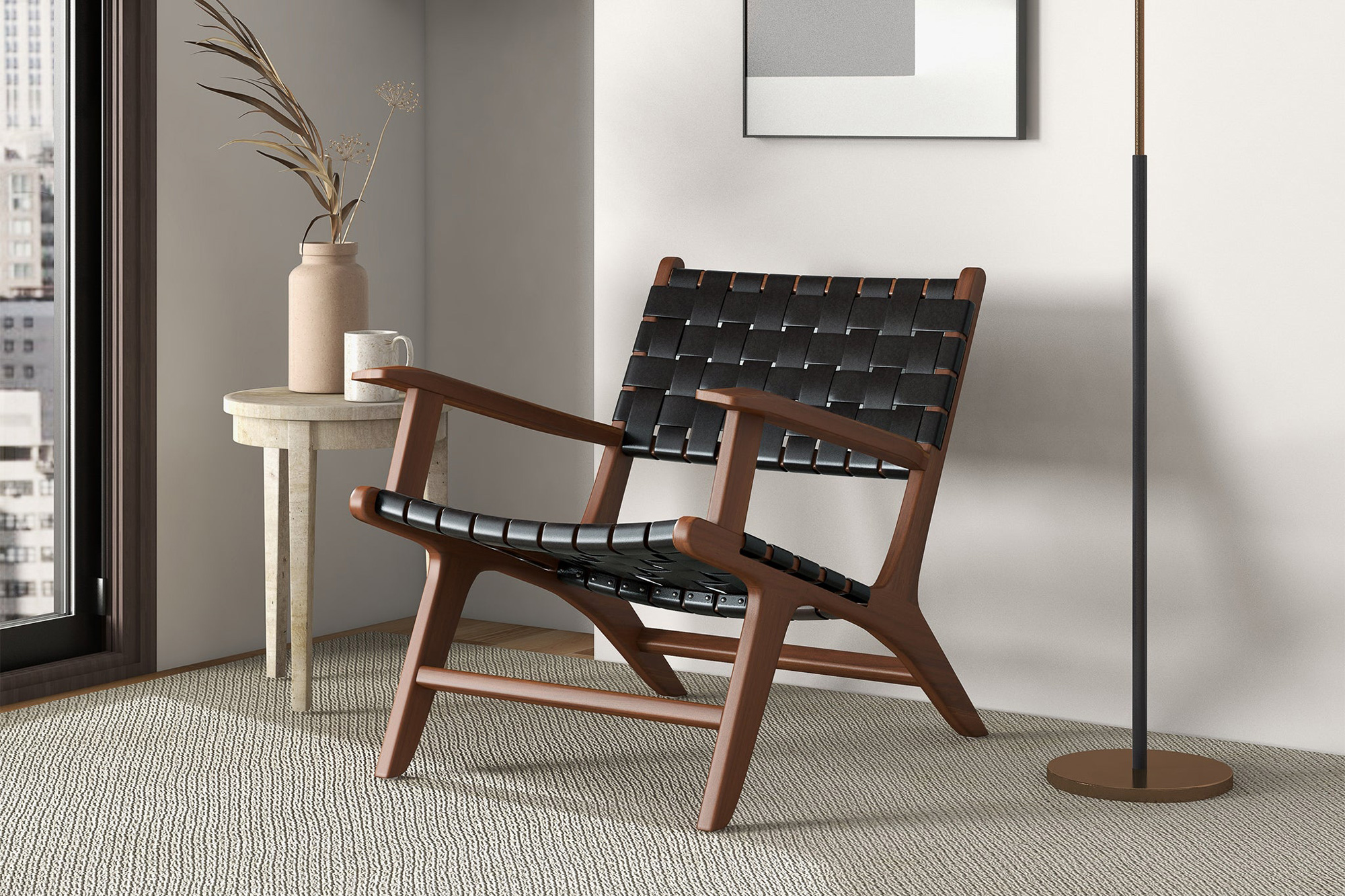 Ashcroft Melody Strap Leather Teak Wood Lounge Chair - Black