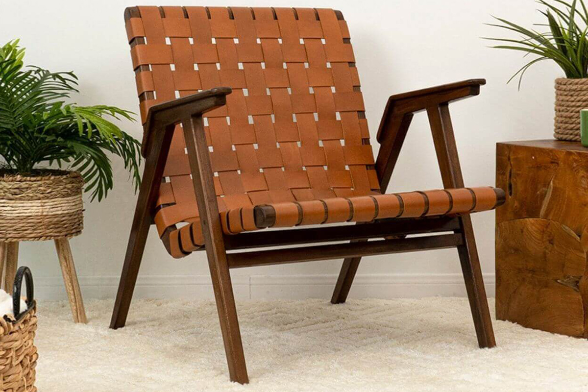 Ashcroft™ David Genuine Leather Teak Lounge Chair - Tan