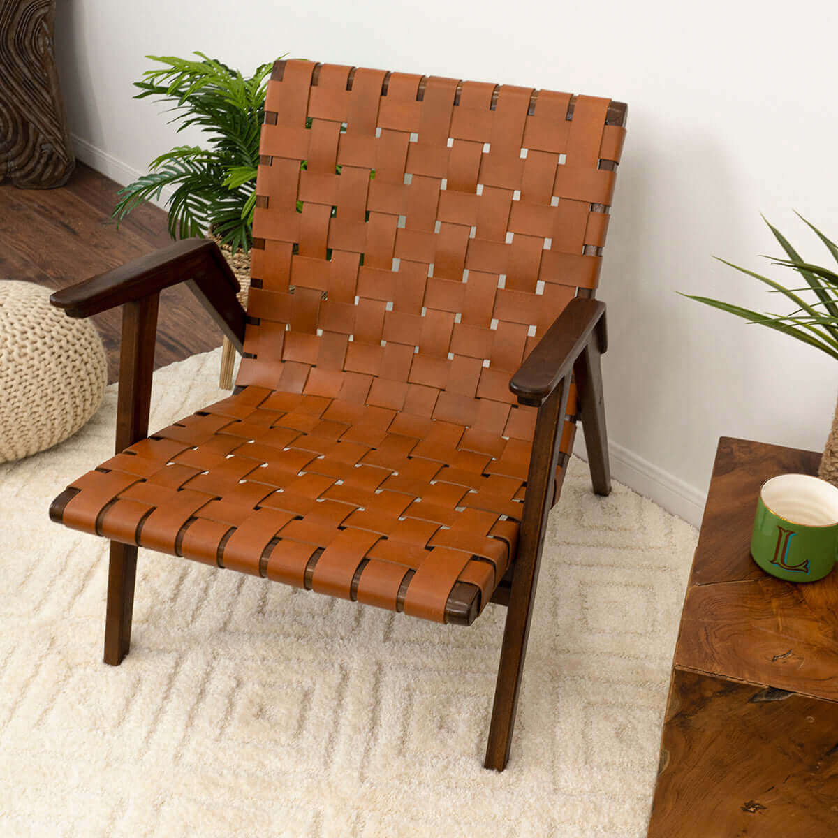 Ashcroft™ David Genuine Leather Teak Lounge Chair - Tan