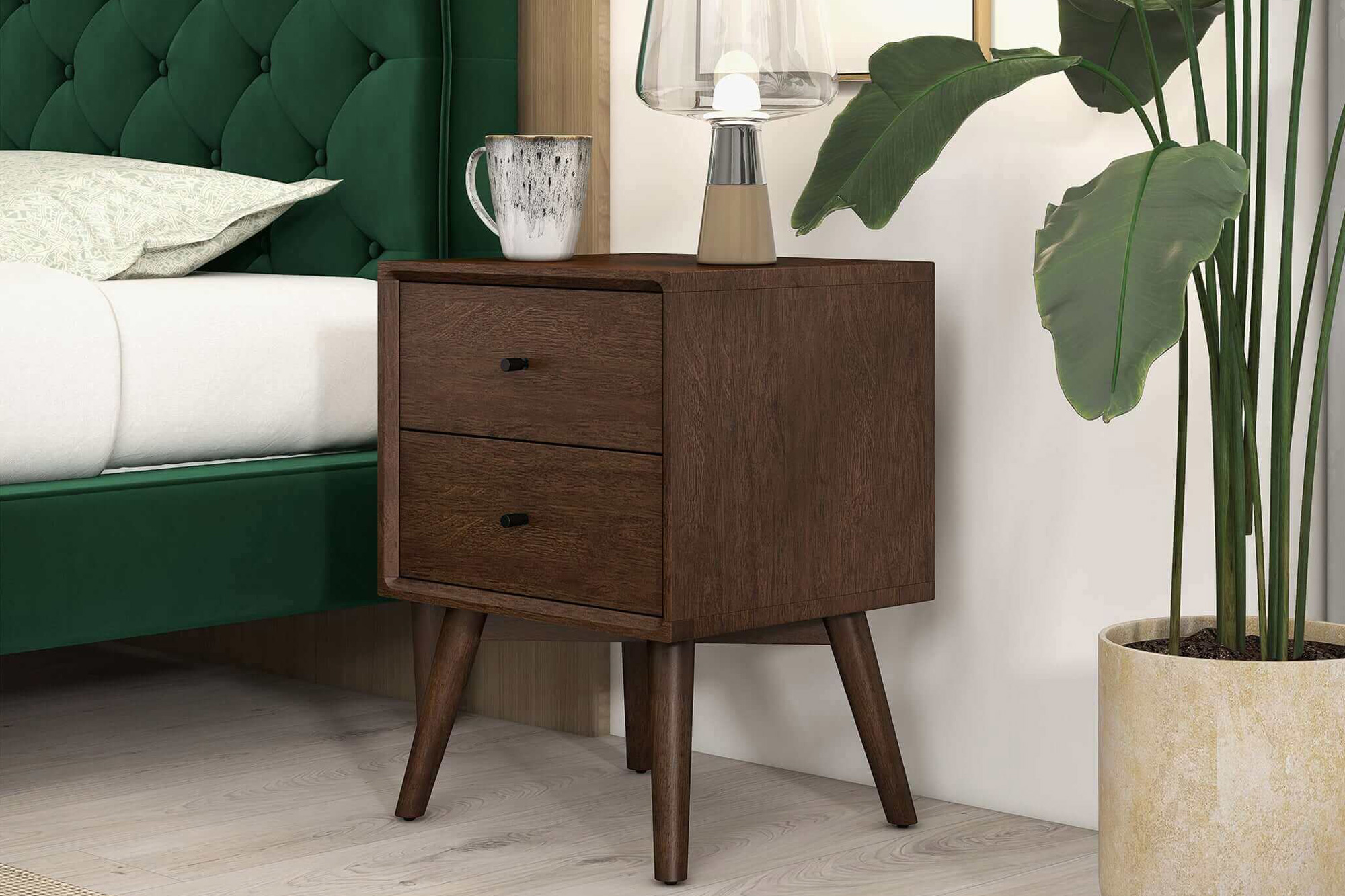 Ashcroft Caroline Mid-Century Modern Style Nightstand with 2 Drawers - Brown