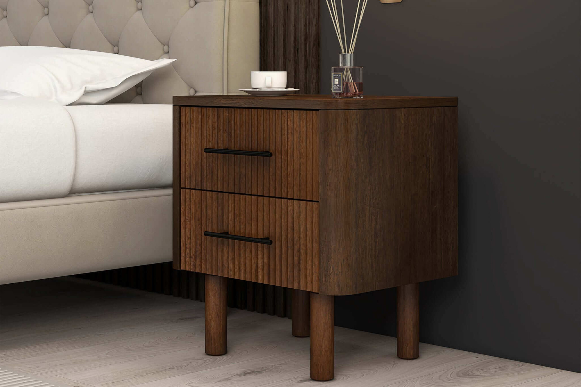 Ashcroft™ Logan Mid-Century Modern Nightstand Bed Side Table with 2 Drawers - Walnut