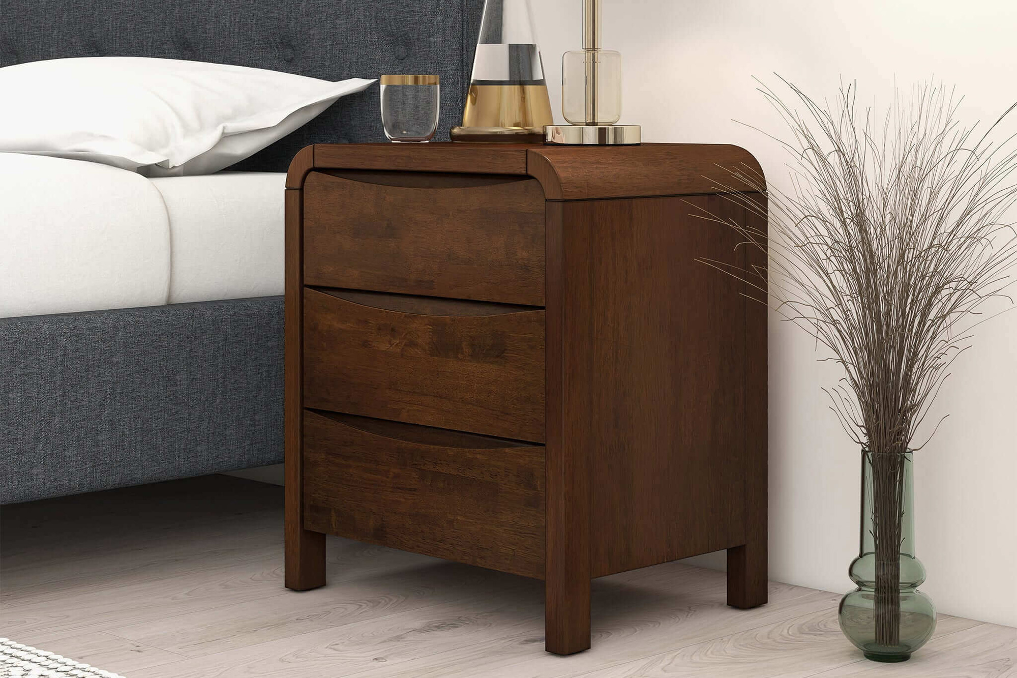 Ashcroft - Lionel Mid-Century Modern Solid Wood Nightstand Bed Side Table with 3 Drawers in Walnut