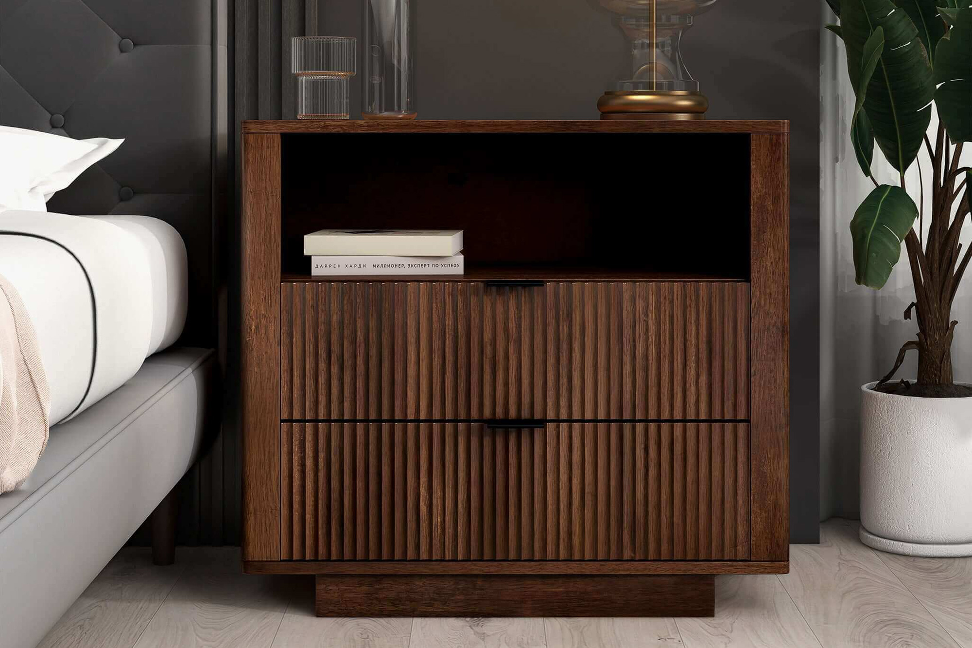 Ashcroft™ Lola Mid-Century Modern Nightstand Bed Side Table with 2 Drawers - Walnut