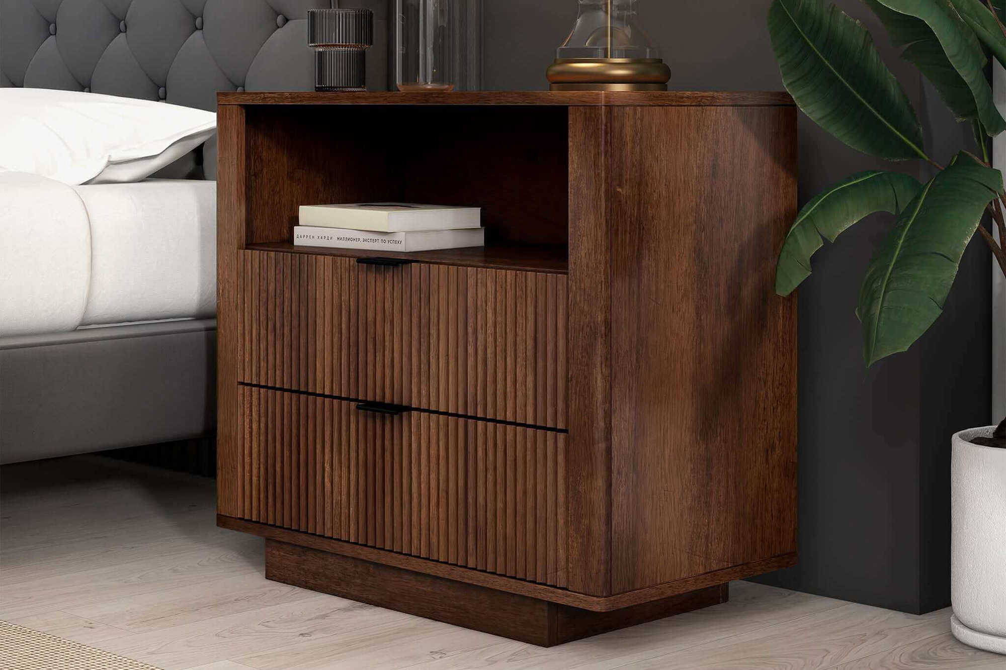 Ashcroft™ Lola Mid-Century Modern Nightstand Bed Side Table with 2 Drawers - Walnut