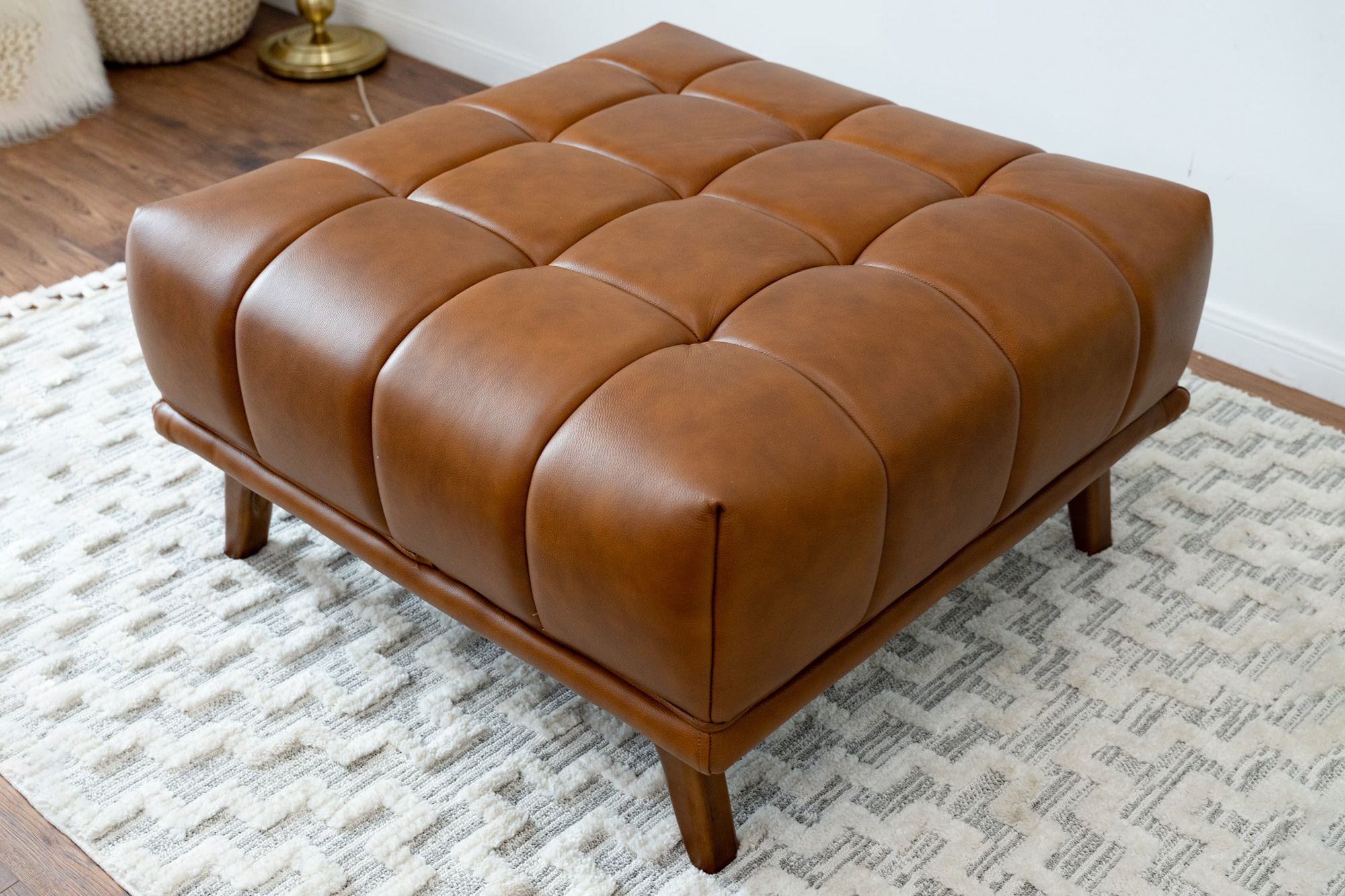 Ashcroft Addison Square Upholstered Ottoman - Cognac