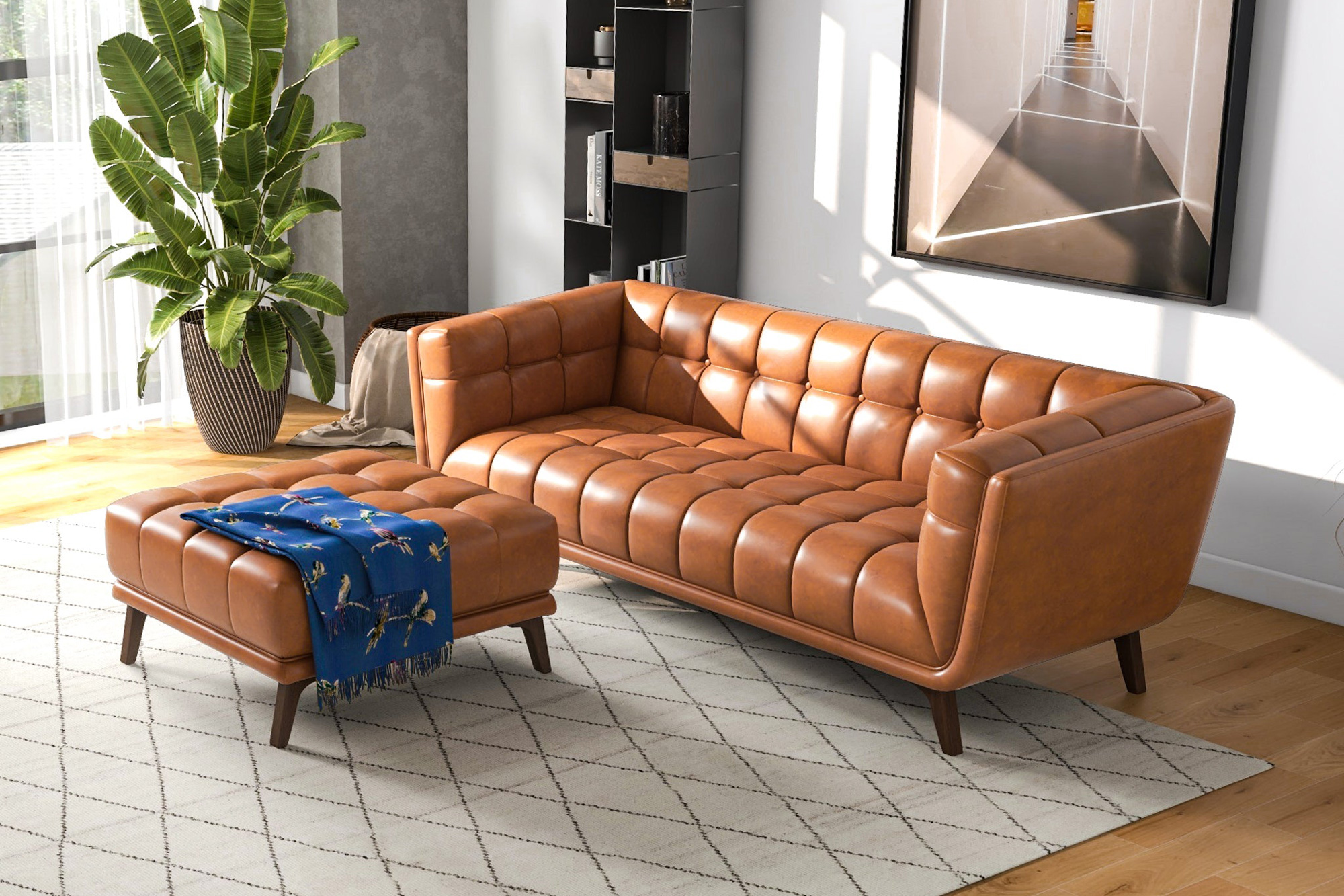 Ashcroft Addison Square Upholstered Ottoman - Cognac