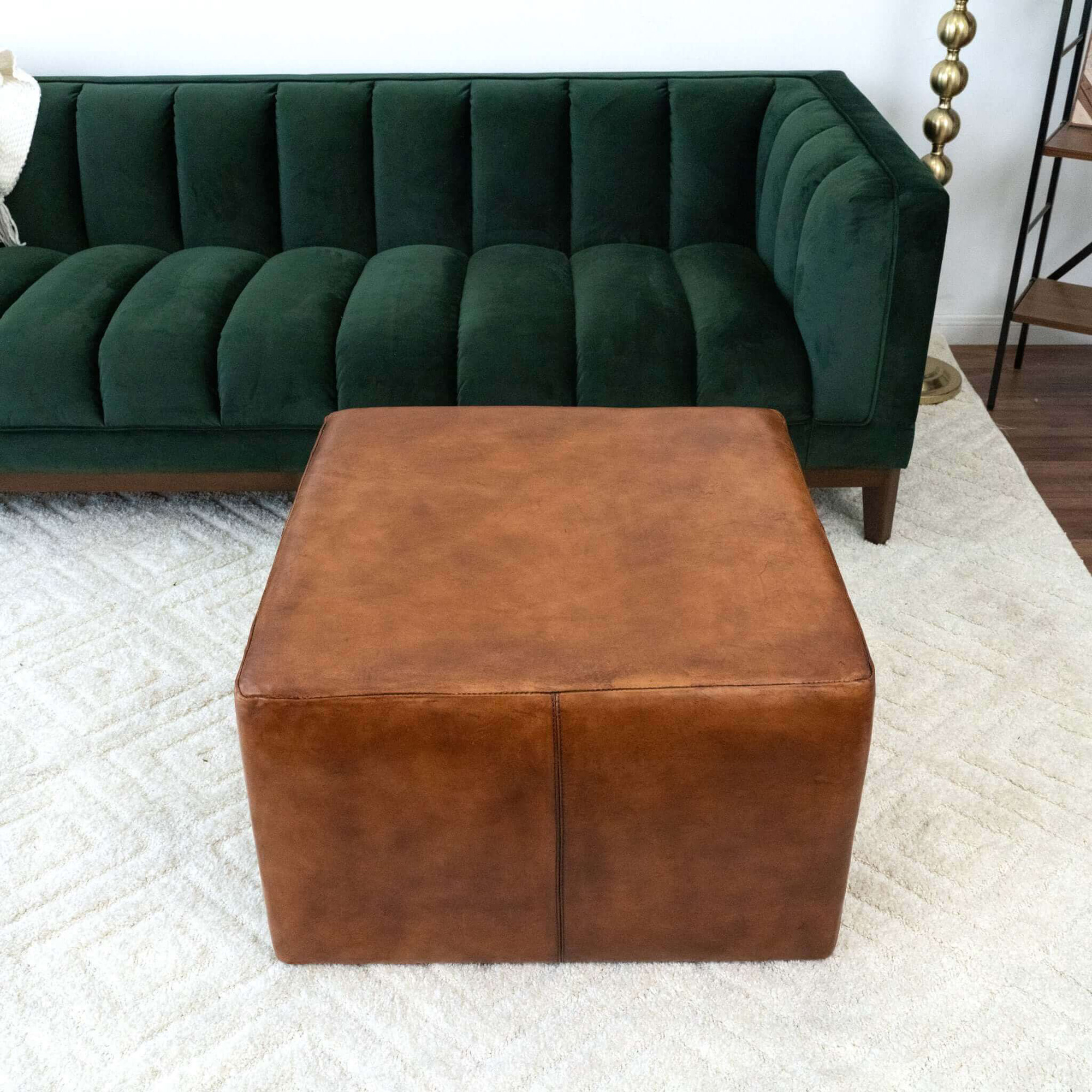 Ashcroft Mallory Mid-Century Square Genuine Leather Upholstered Ottoman - Tan