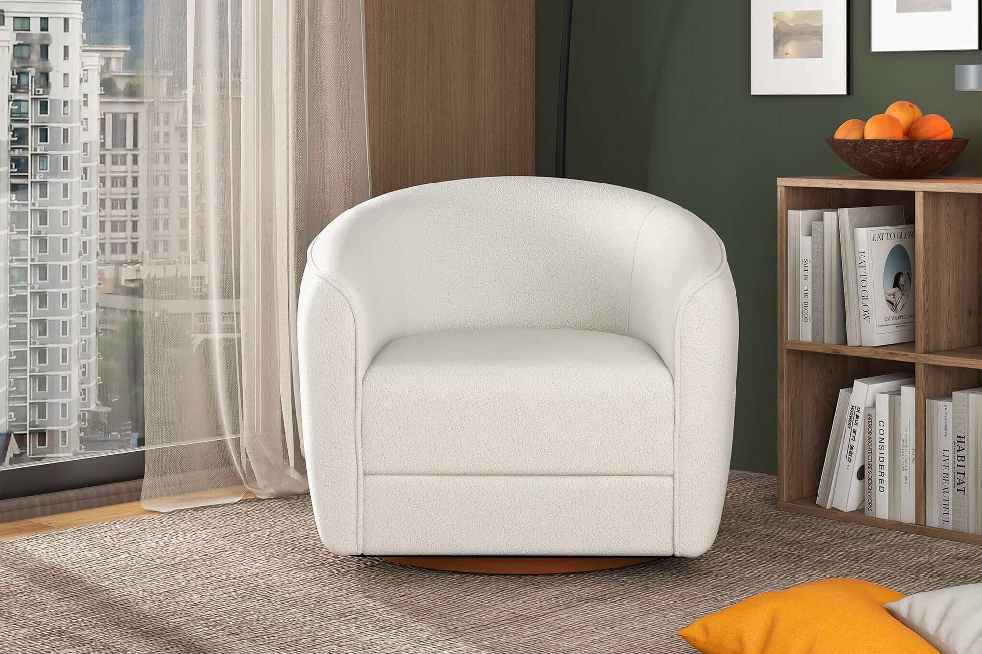 Ashcroft Elise Mid-Century Modern Boucle Swivel Chair - Beige