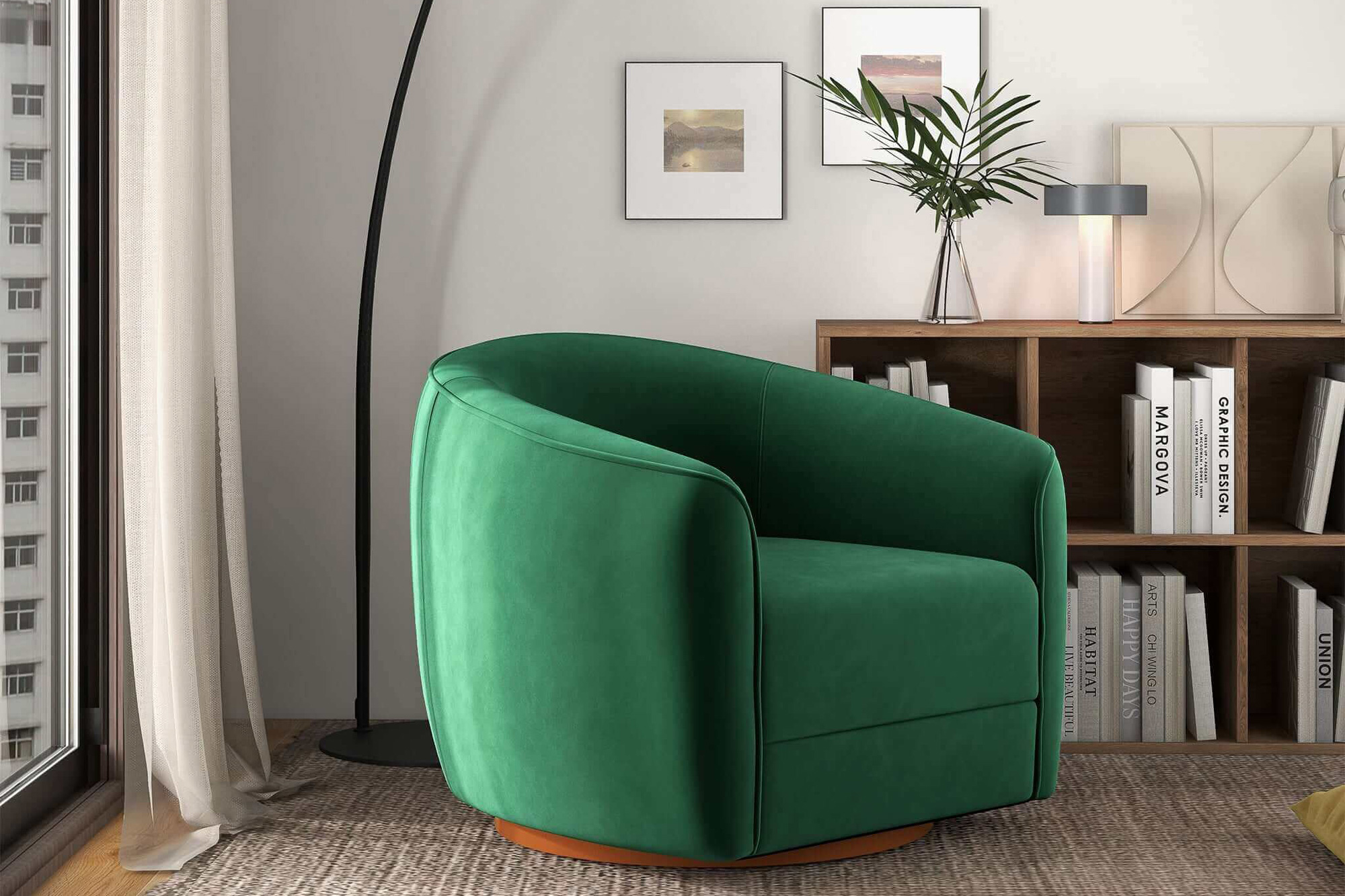 Ashcroft™ Elise Mid-Century Modern Velvet Swivel Chair - Dark Green