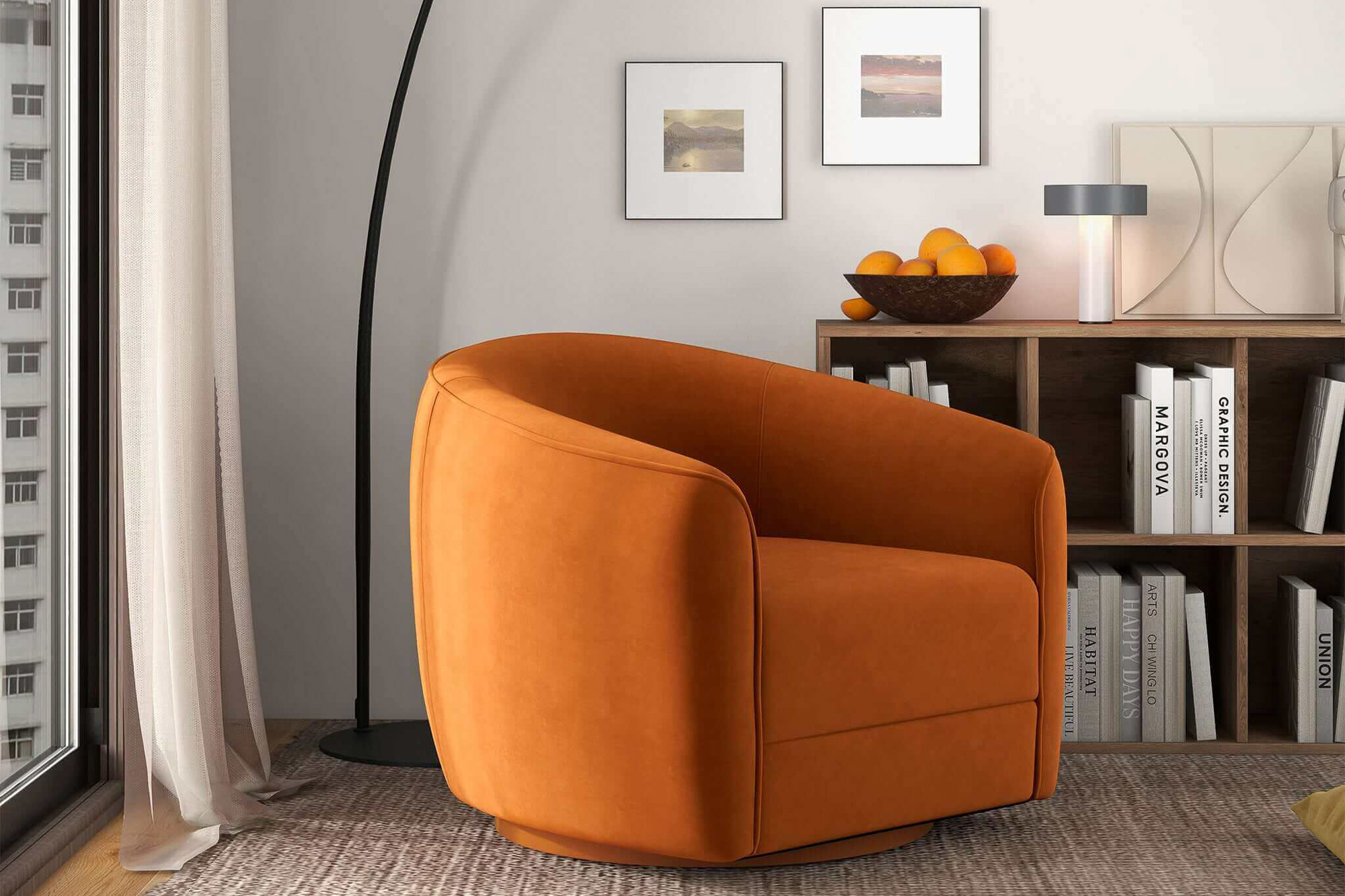 Ashcroft™ Elise Mid-Century Modern Velvet Swivel Chair - Burnt Orange