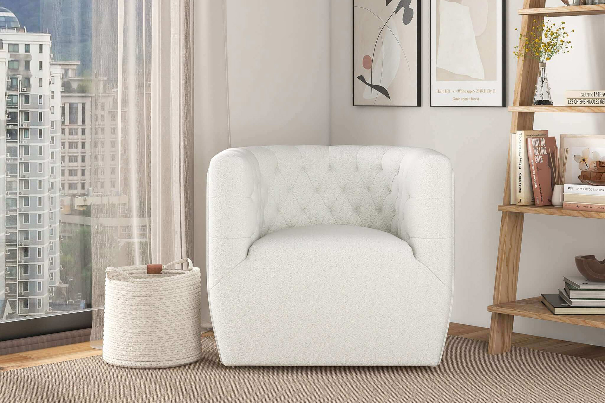 Ashcroft Delaney Boucle Swivel Chair - Cream