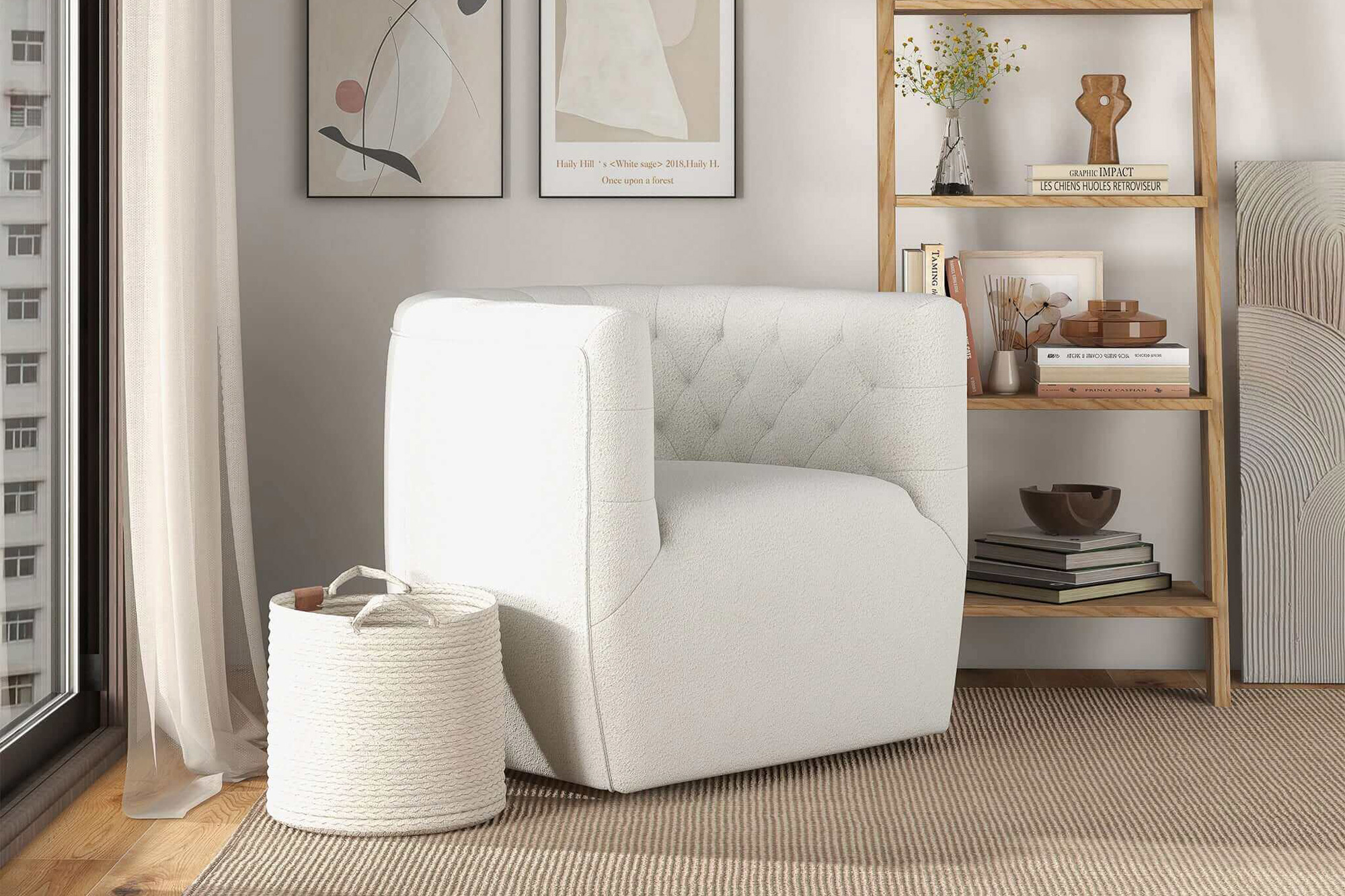 Ashcroft™ Delaney Boucle Swivel Chair - Cream