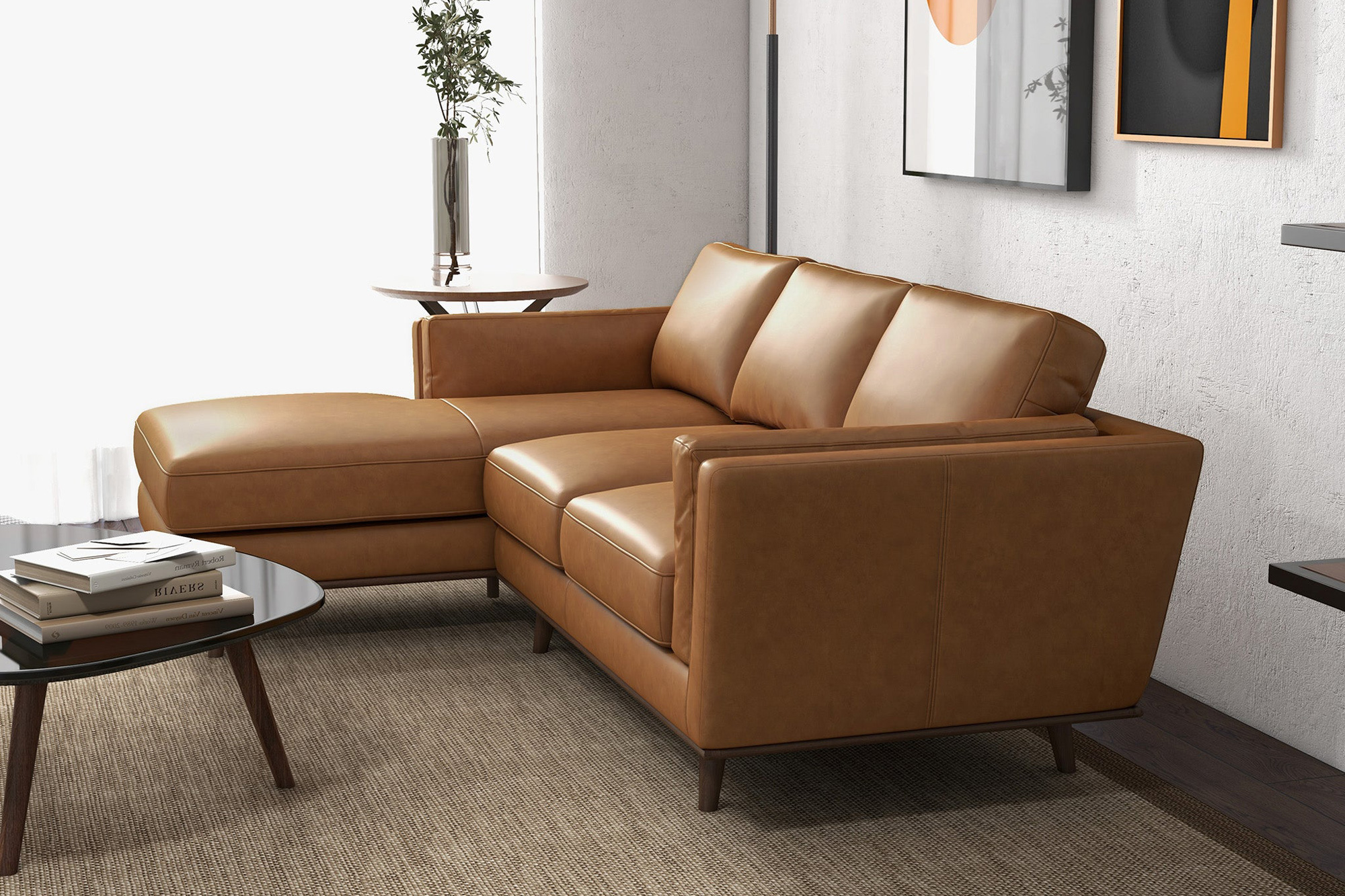 Ashcroft Chase Genuine Leather Sectional - Tan, Left Facing