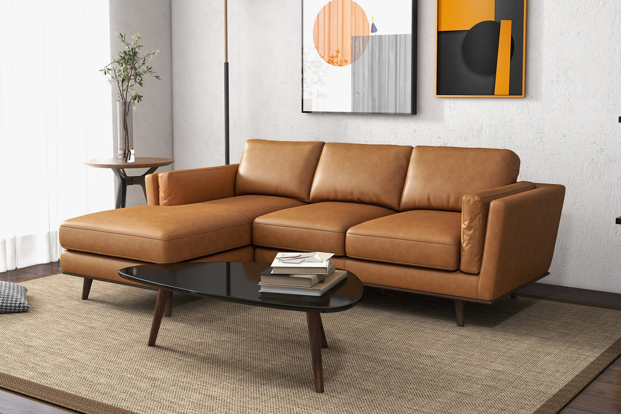 Ashcroft Chase Genuine Leather Sectional - Tan, Left Facing