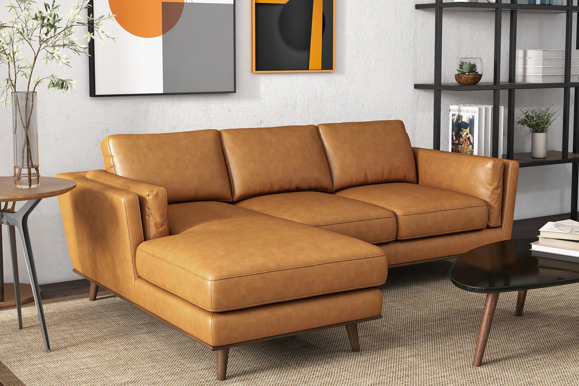 Ashcroft Chase Genuine Leather Sectional - Tan, Left Facing