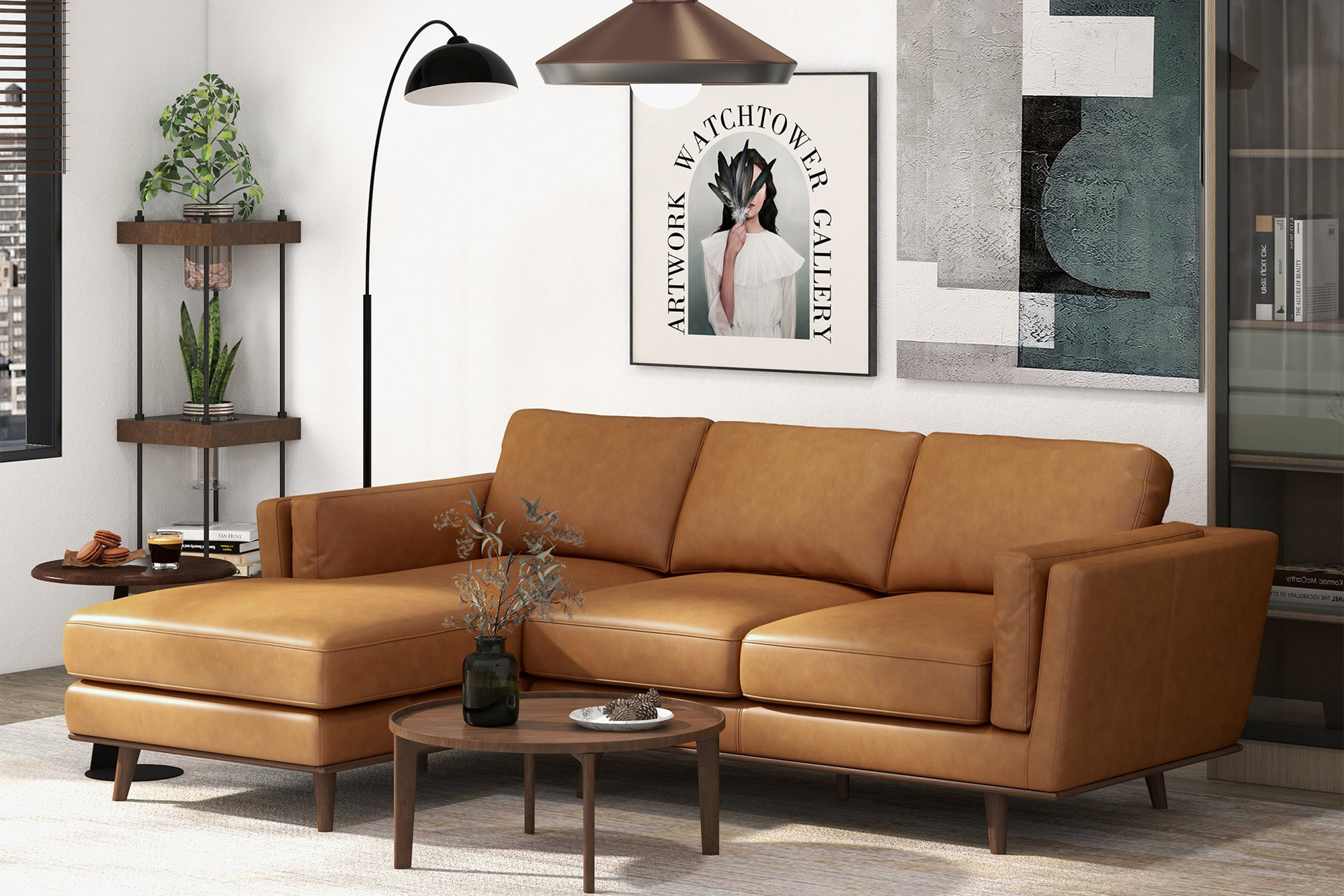 Ashcroft Chase Genuine Leather Sectional - Tan, Left Facing