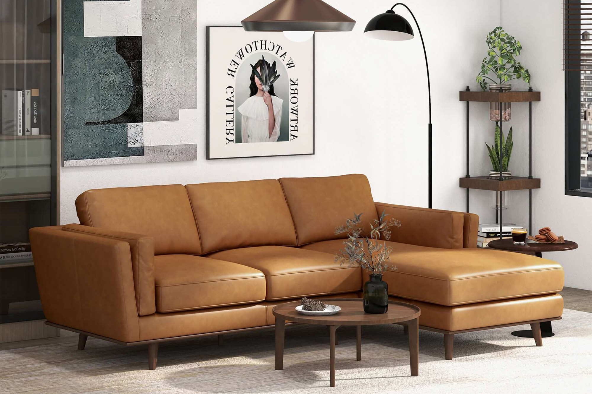 Ashcroft Chase Genuine Leather Sectional - Tan, Right Facing