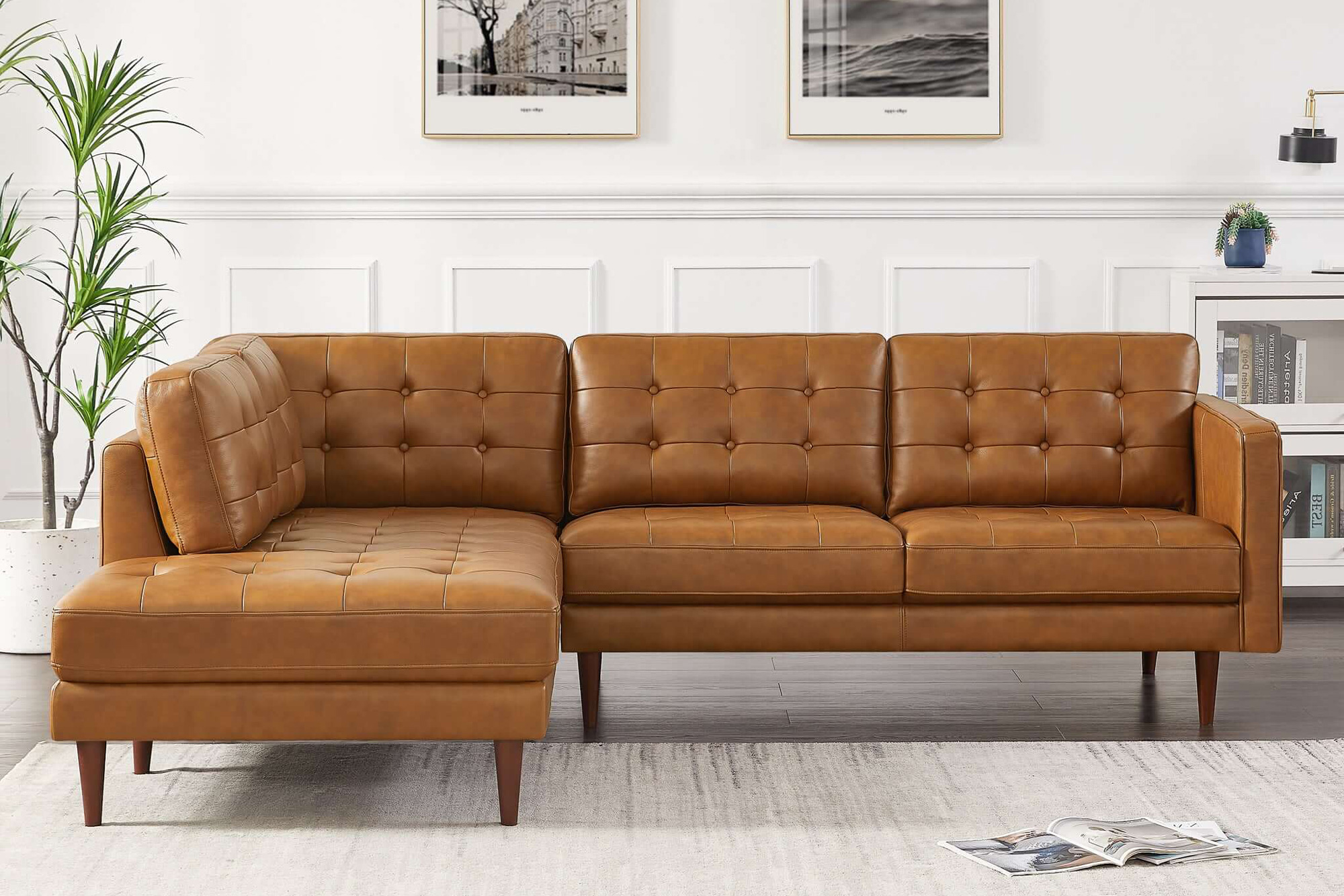 Ashcroft Lucco Genuine Leather Sectional - Cognac Tan, Left Facing