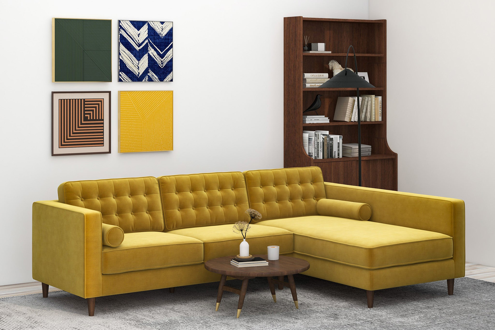 Ashcroft Christian Velvet Sectional Sofa - Dark Yellow, Right Facing