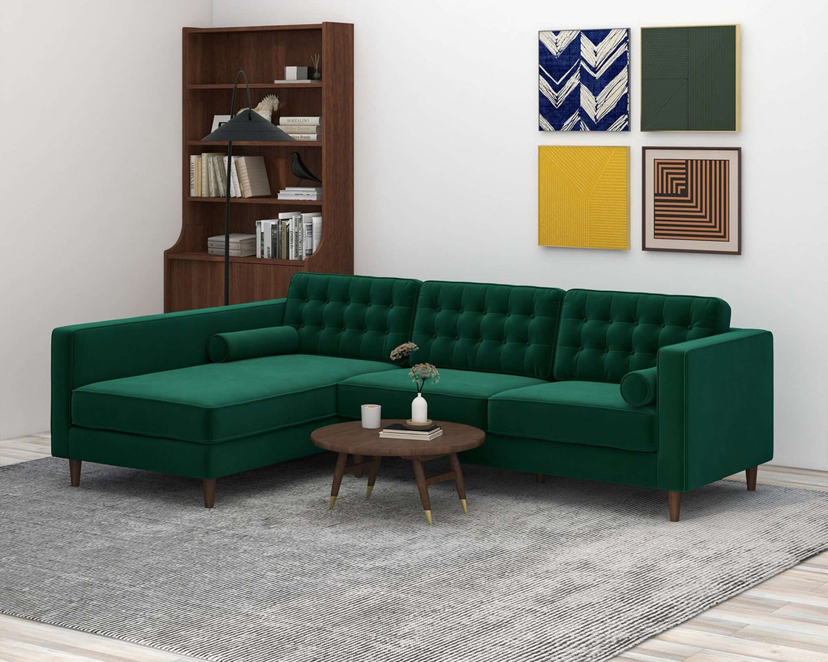 Ashcroft Christian Velvet Sectional Sofa - Green, Left Facing