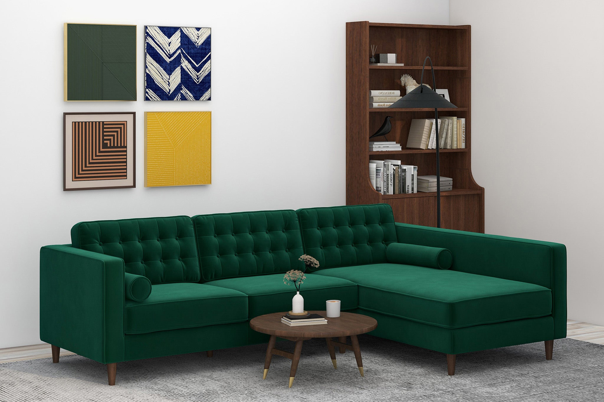 Ashcroft Christian Velvet Sectional Sofa - Green, Right Facing