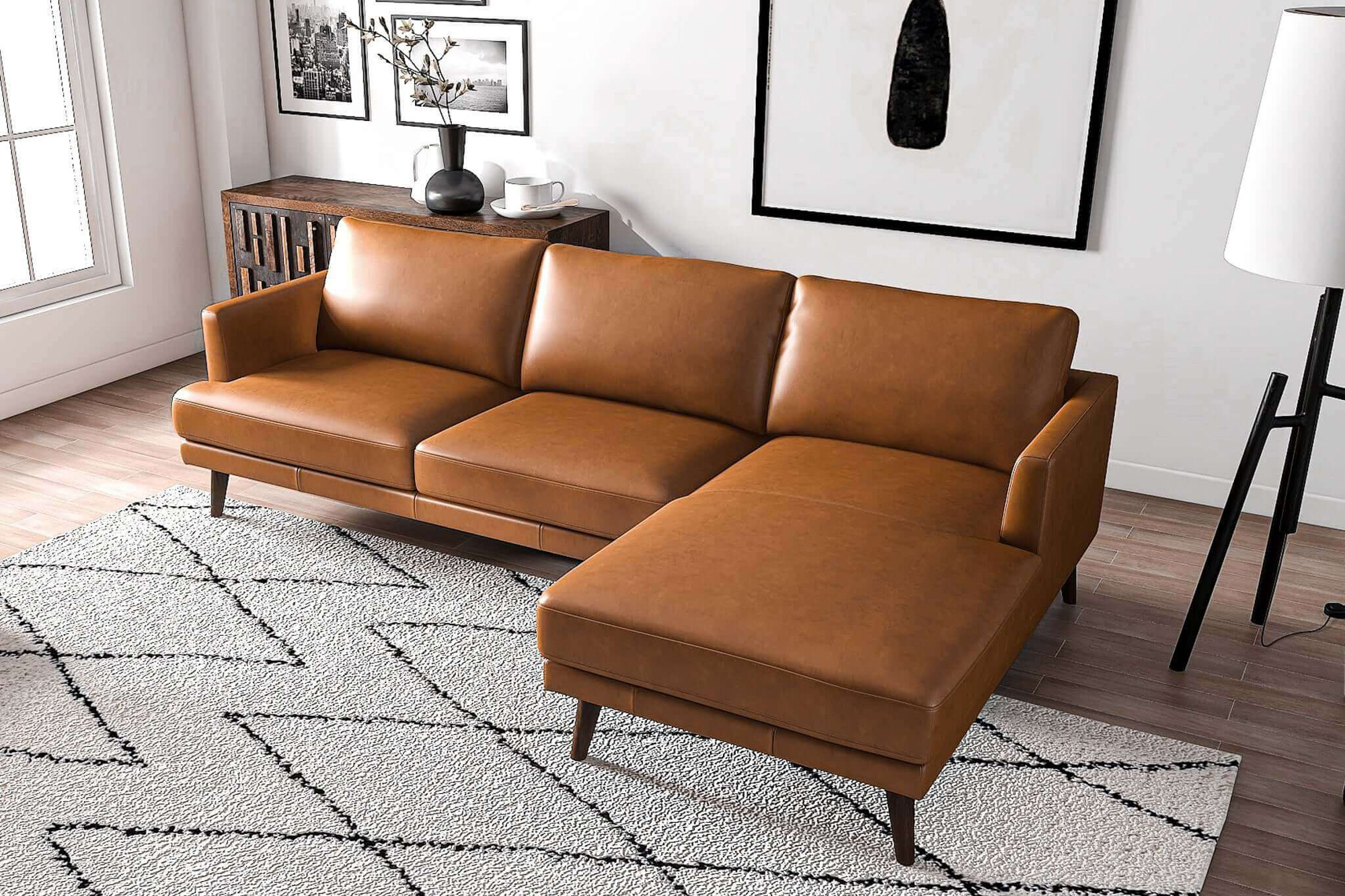 Ashcroft Lore L-Shaped Genuine Leather Sectional - Tan, Right Facing