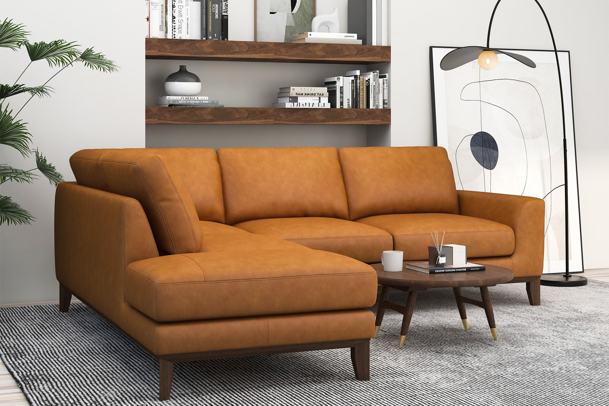 Ashcroft London Leather Sectional Sofa - Tan, Left Facing