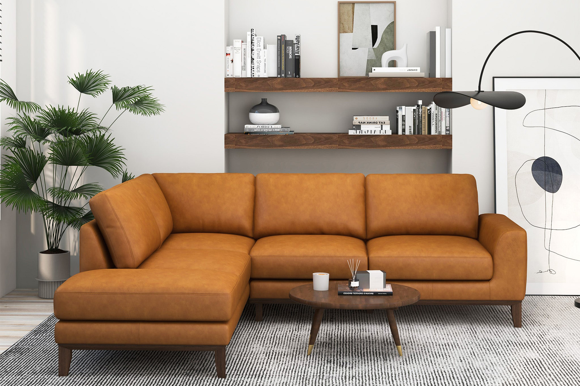 Ashcroft London Leather Sectional Sofa - Tan, Left Facing