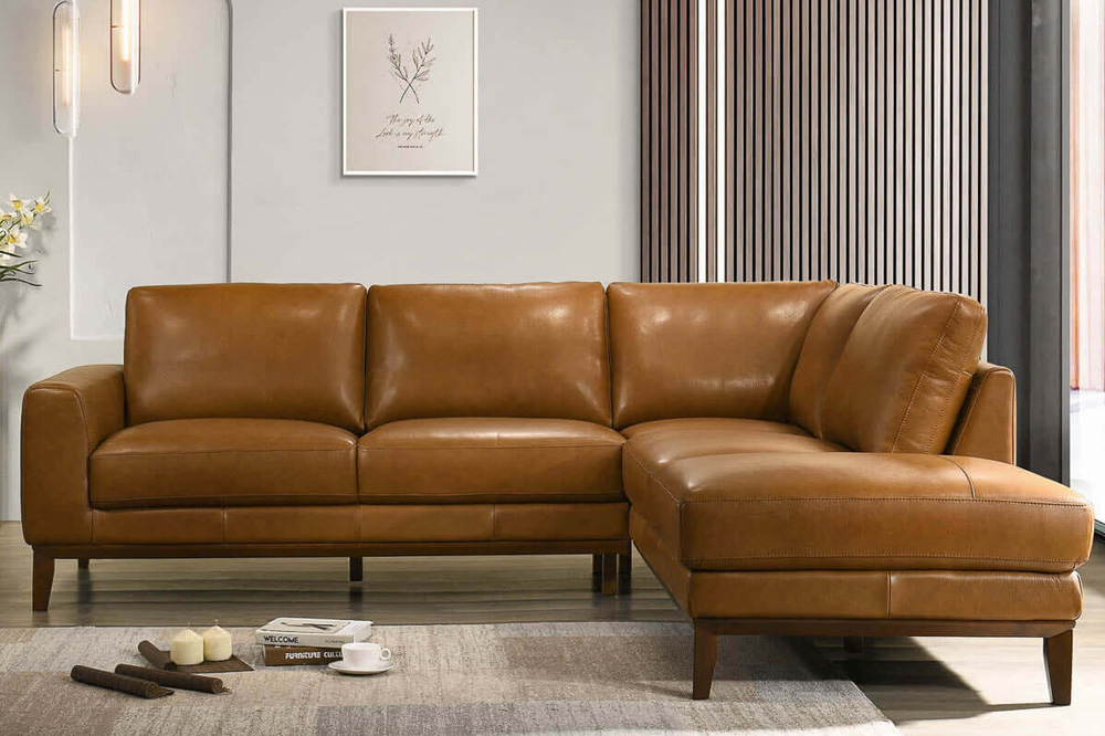 Ashcroft London Leather Sectional Sofa - Tan, Right Facing