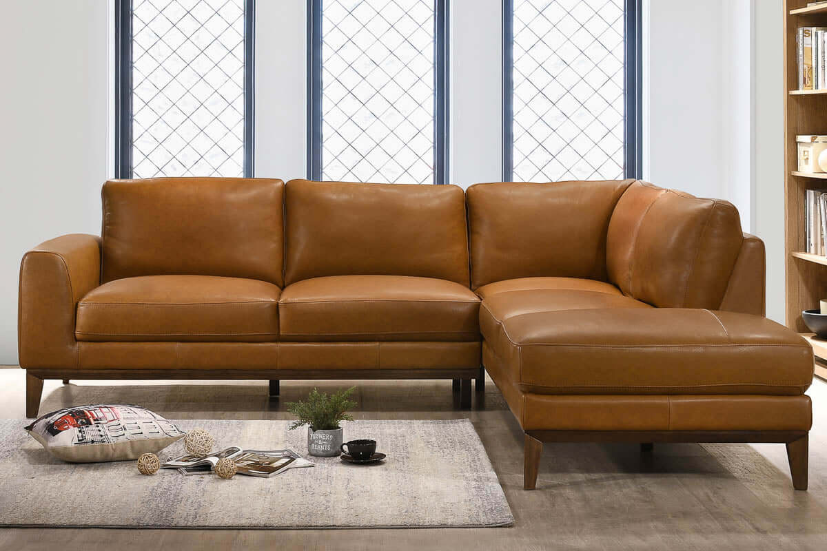 Ashcroft London Leather Sectional Sofa - Tan, Right Facing