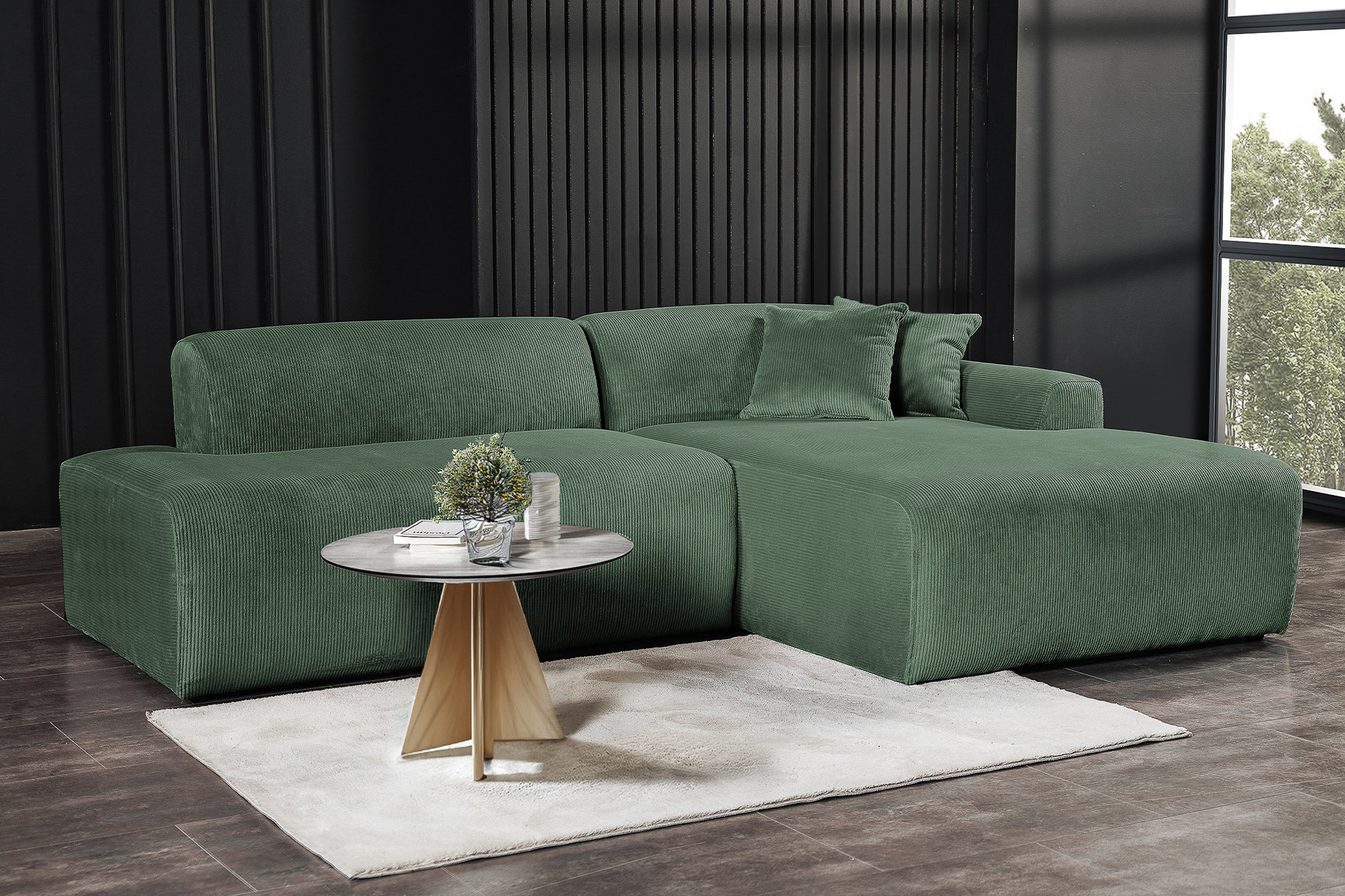 Ashcroft Mar Sectional Velvet Sofa - Green, Right Facing